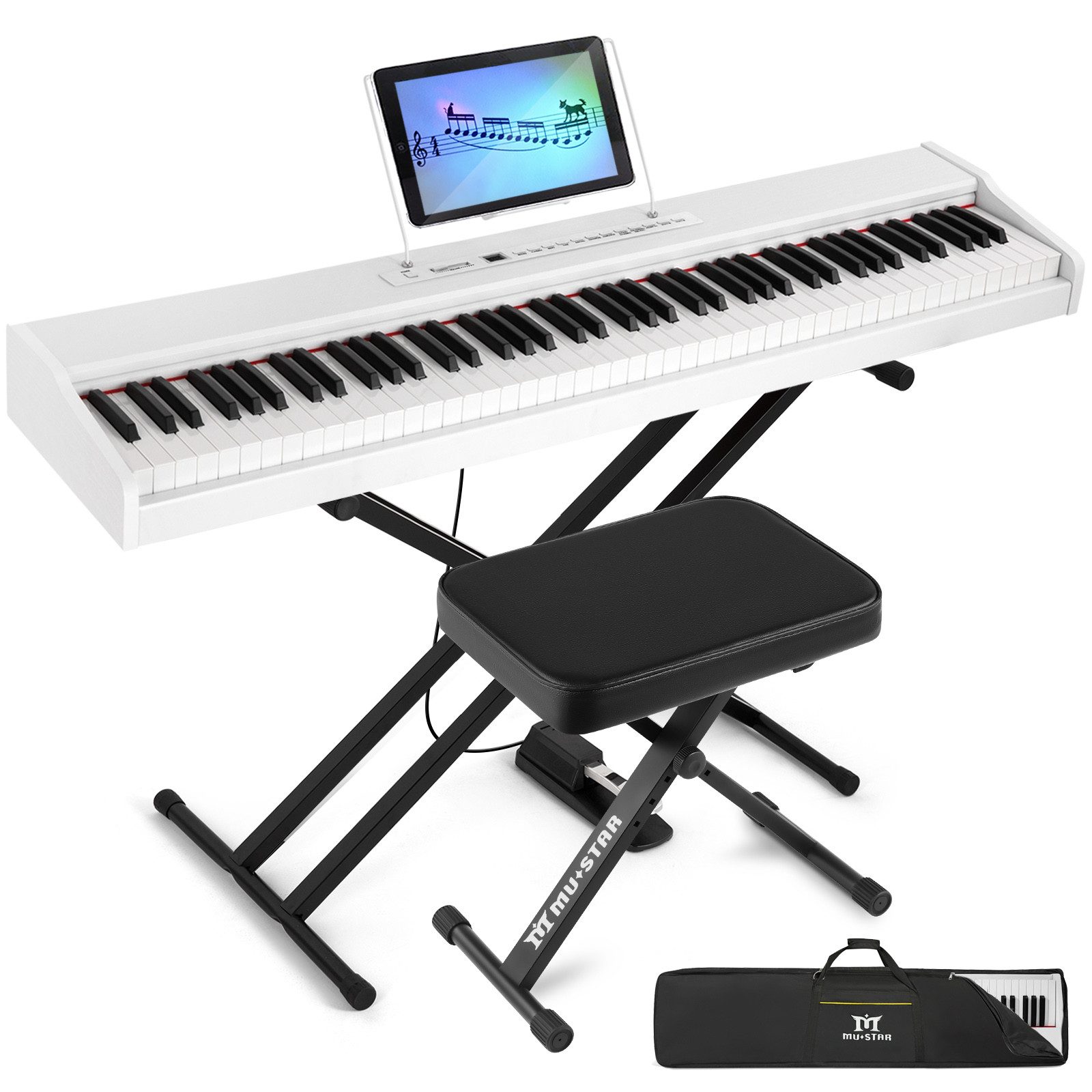 MUSTAR Digitalpiano 88 Tasten mit halbgewichteten Tasten und Bluetooth (mit Pianobank), Portables E-Piano Set mit Sustain Pedal, Ständer und Tragetasche