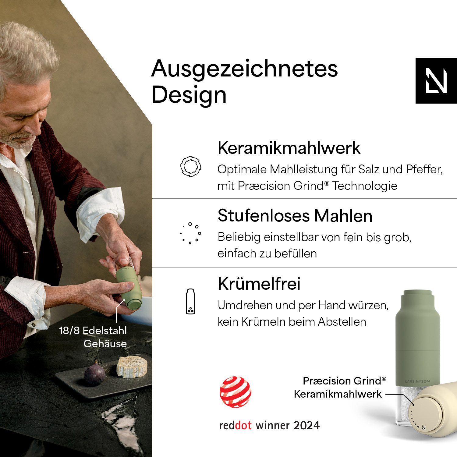 LARS NYSØM Gewürzmühle Omvendt, (2 Stück), Design Gewürzmühlenset mit Keramikmahlwerk (Stufenlos)