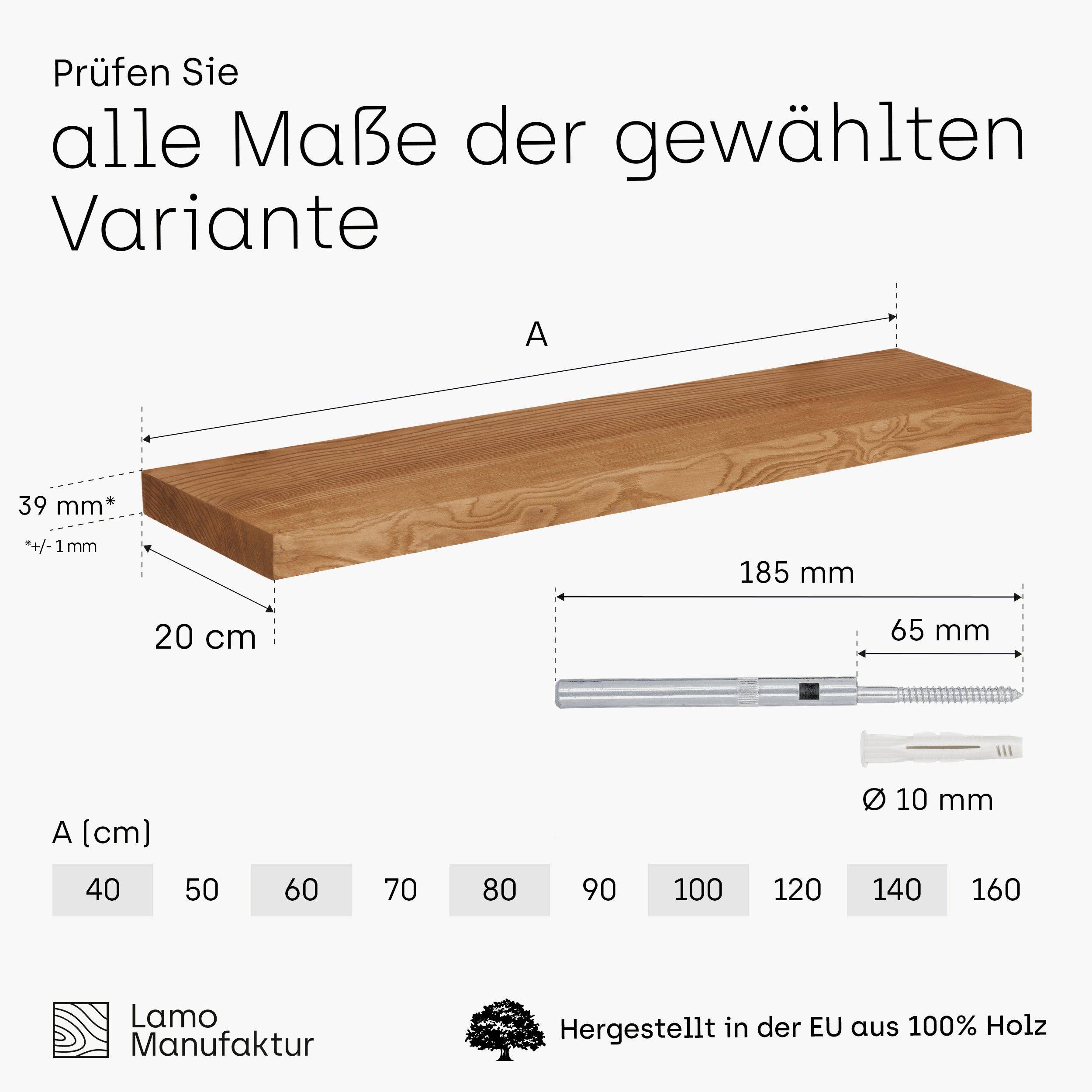 Rustikal Manufaktur LAMO mit Massivholzplatte Dübel, Wandregal Würth Komplett-Set, 40mm stake Invisible