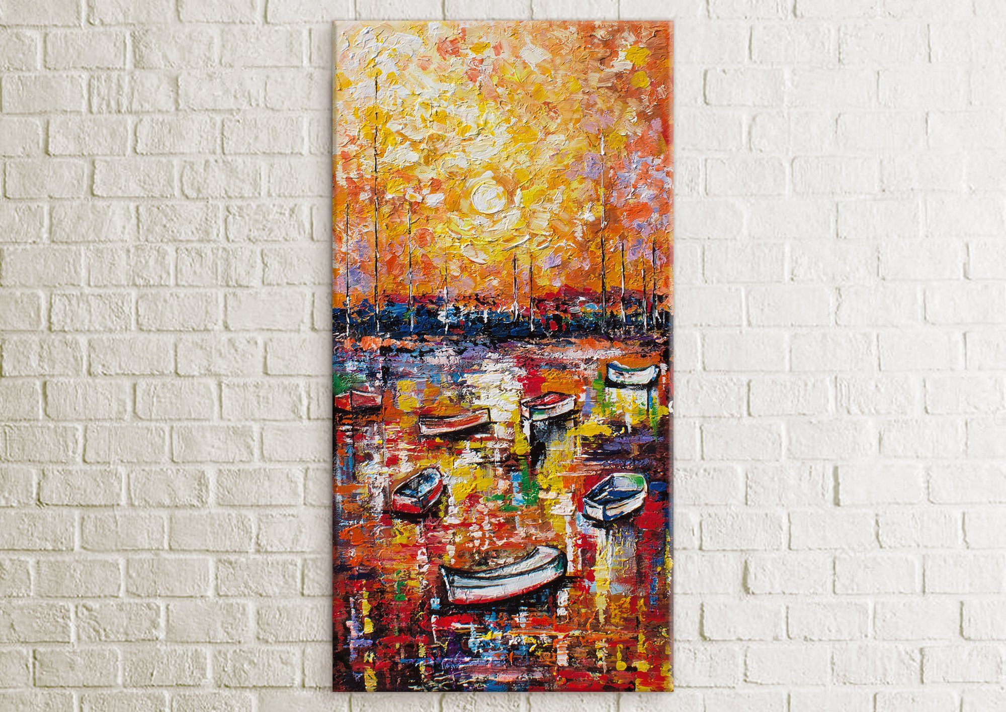Hafen Segelboote Rot Gemälde Wasser Hafen, Schattenfugenrahmen YS-Art Landschaft, Ohne Bunt Orange
