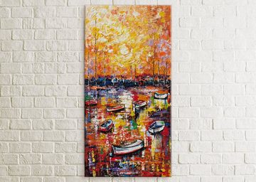 YS-Art Gemälde Hafen, Landschaft, Hafen Segelboote Wasser Bunt Rot Orange