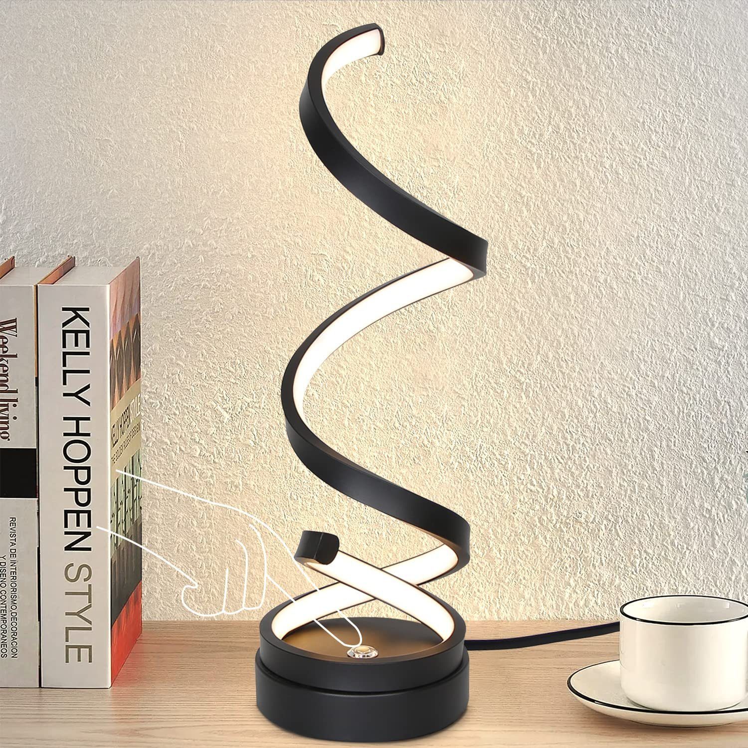 ZMH LED Tischleuchte Nachttischlampe Spiralförmig, integriert, warmweiß-kaltweiß, LED Berührungsschalter, fest Modern 12W Wohnzimmer Schwarz Dimmbare