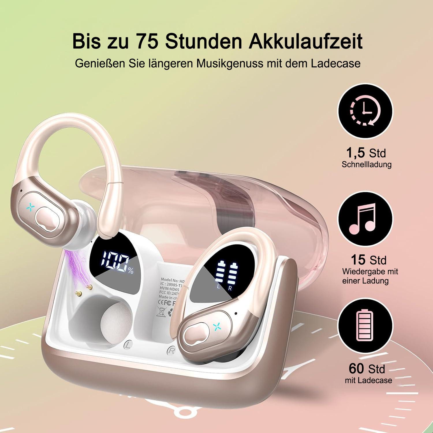 poweradd pro Bluetooth 5.4 Sport Ohrbügel-Kopfhörer mit 75 Std. Akku, ENC, IPX7 - In-Ear-Kopfhörer (für Training, Laufen, Fitness,Tastenbedienung mit Fehlbedienungsschutz)