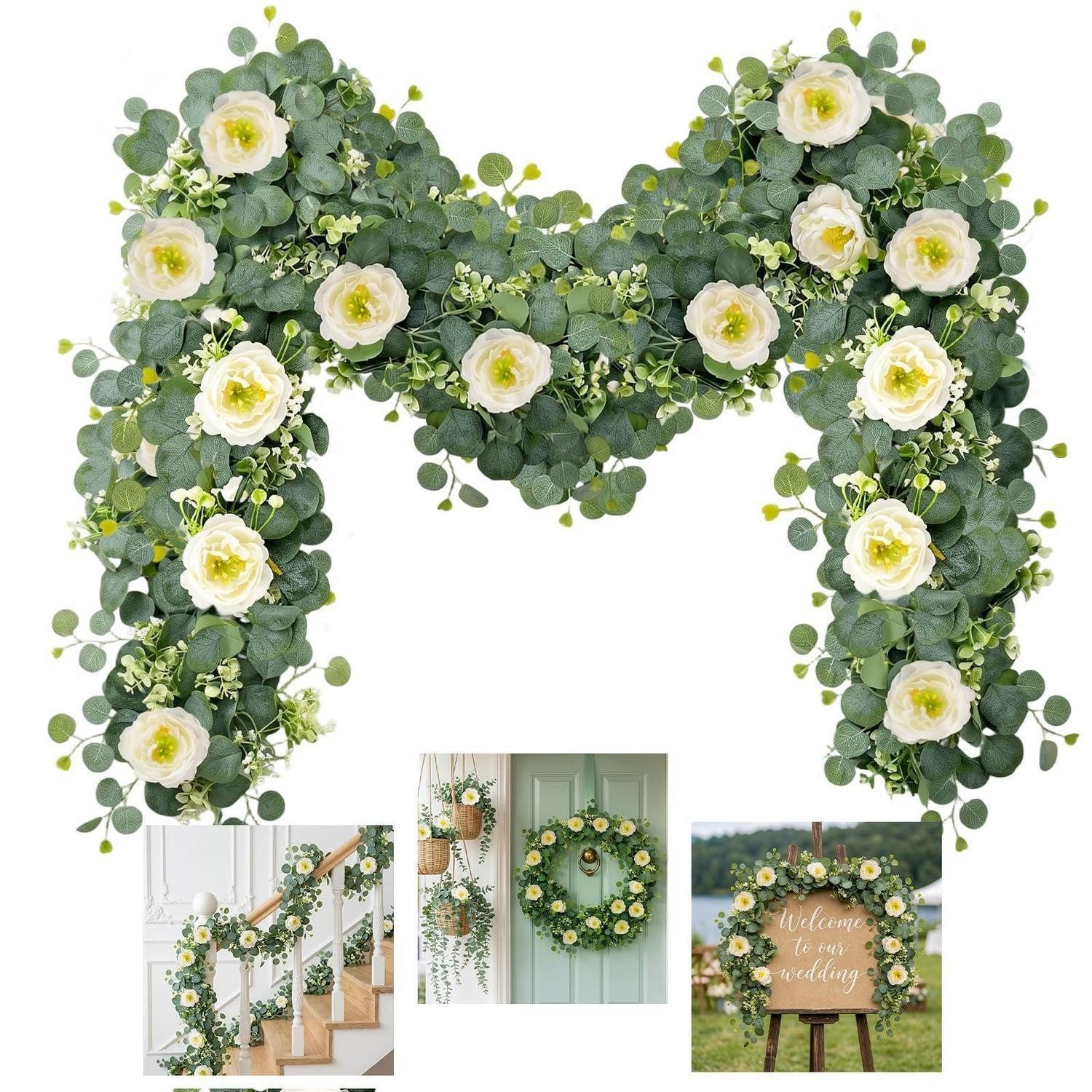 Kunstgirlande Eukalyptus Girlande mit Pfingstrosen 1.8m 2er Set, LuxusKollektion, Höhe 1 cm