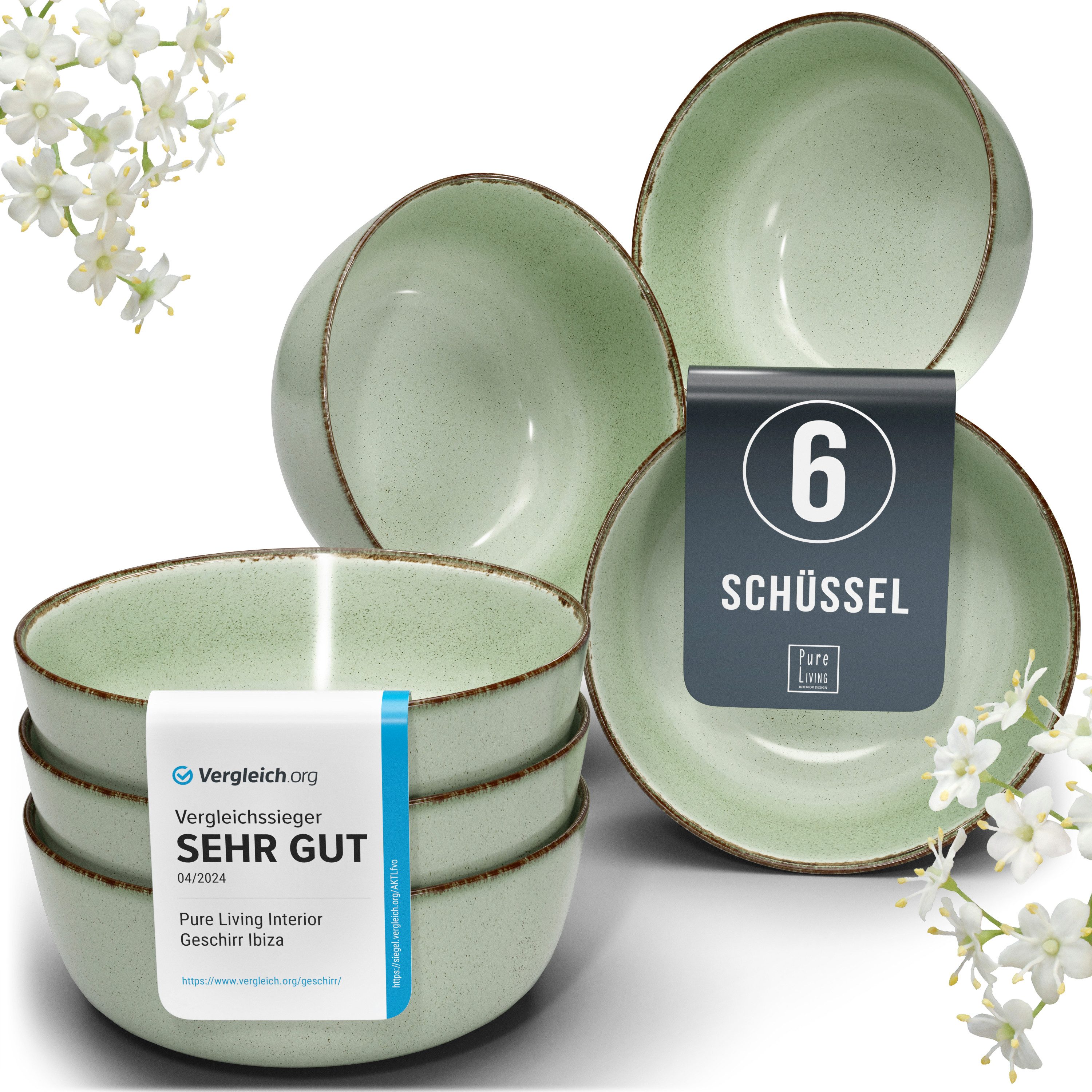 PURE LIVING INTERIOR DESIGN Geschirr-Set Rustic, 6er-Set Müslischalen, 16 cm, Riffelstruktur, Mintgrün (6-tlg), 6 Personen, Steingut