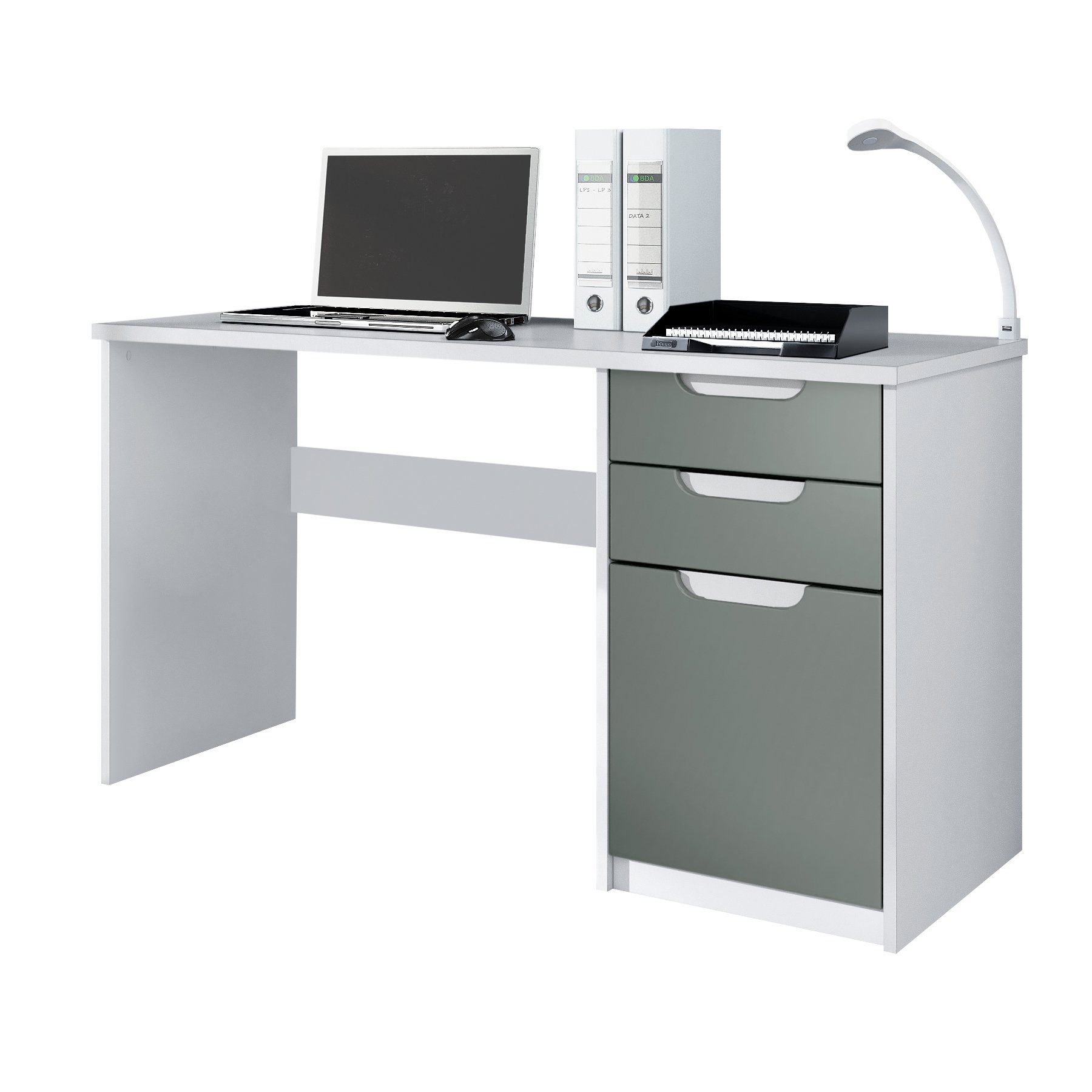 Vladon Schreibtisch Logan (Bürotisch, mit 2 Schubladen und 1 Tür), Weiß matt/Graphit Seidenmatt (129 x 76 x 60 cm) Fronten in Graphit Seidenmatt | Schreibtische