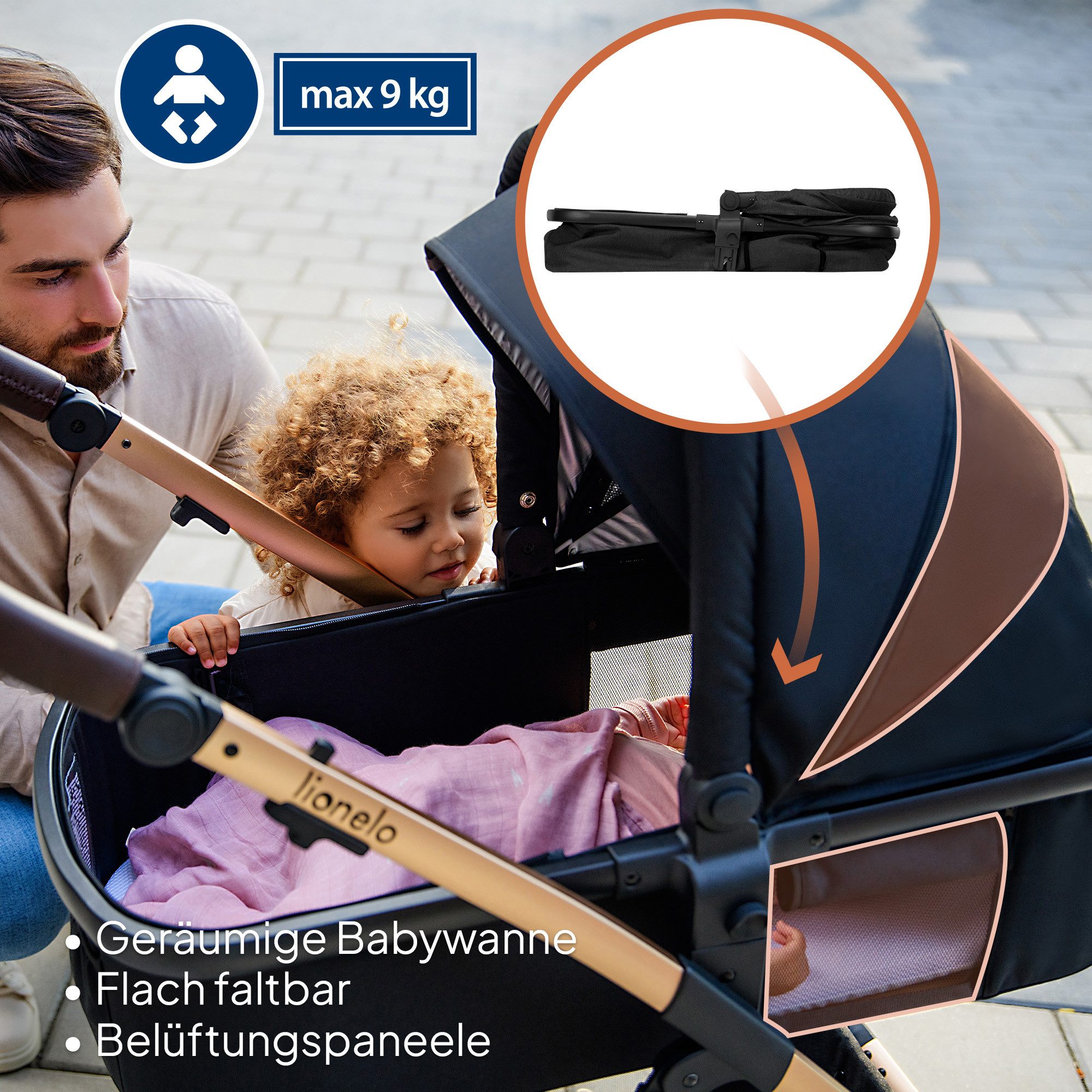 lionelo Kombi-Kinderwagen Amber 3in1, (Set), 3in1/babyschale 0-13kg/Tasche/Moskitonetz/Regenschutz/Boho
