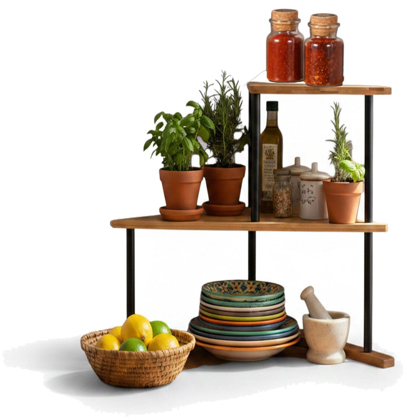 LS-LebenStil Küchenregal Holz Küchenregal Eckregal 39x52cm Metall stehend Aufbewahrungsregal, Küche & Bad - Gewürzregal über Eck - Organizer für Tassen Gewürze 1-tlg., Dekoregal als für Arbeitsplatte - Badregal Ablage Modern Platzsparend