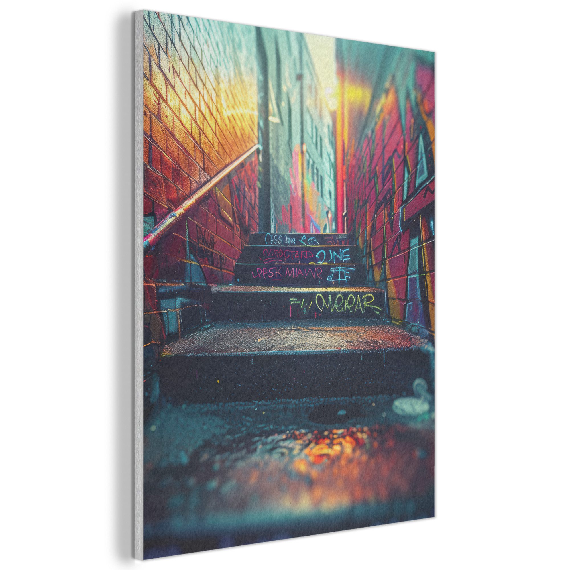 MuchoWow Gemälde Architektur - Neon - Treppe - Graffiti, Fotodruck (1 St), Akustikpaneele, Wandpaneele, Schalldämmung, Akustikbilder 30x40 cm