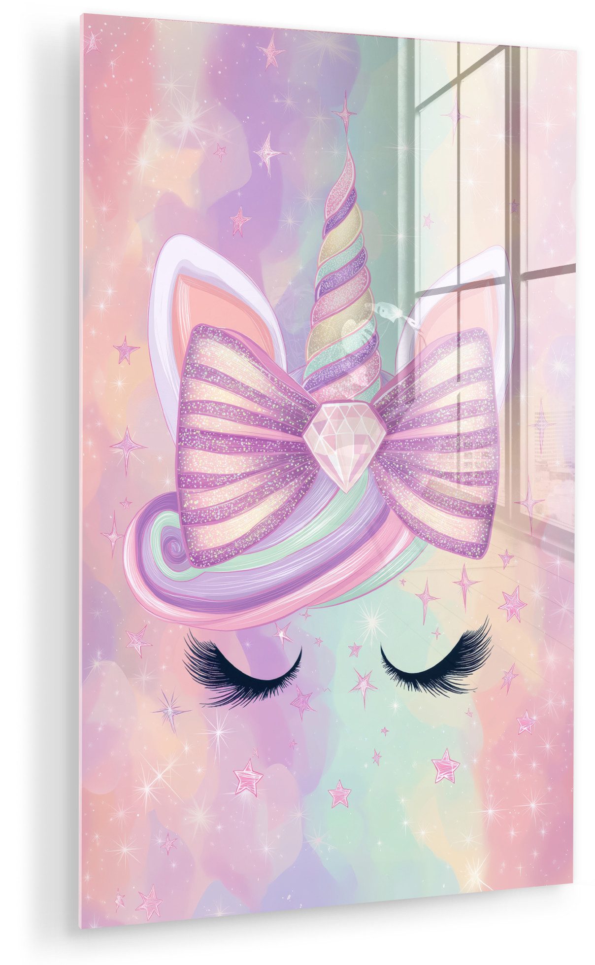 MuchoWow Acrylglasbild Einhorn - Glitzer - Regenbogen - Pastell, Inkl. Aufhängung, Dekorative Bild für Küche & Wohnzimmer auf Glas, 20x30 cm