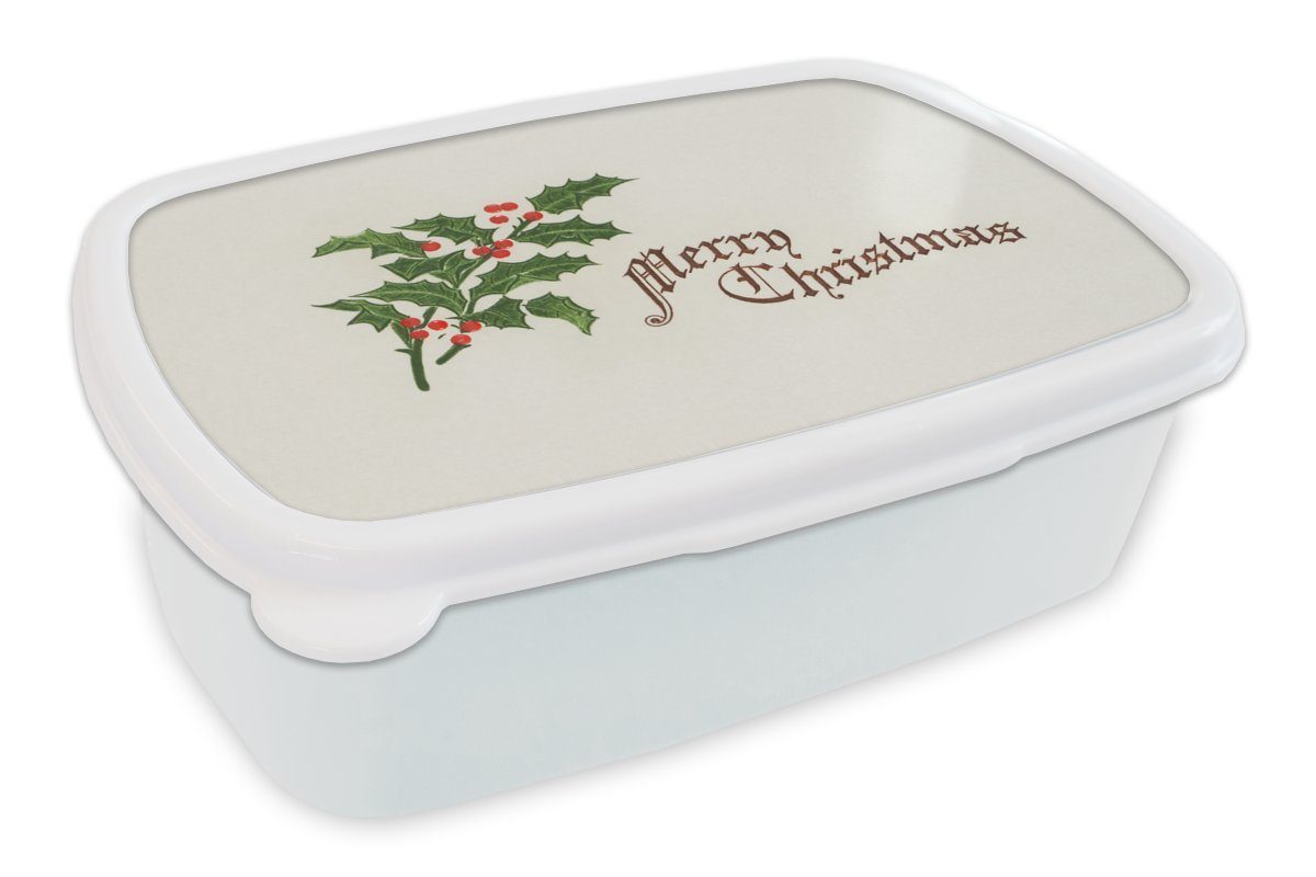 MuchoWow Lunchbox Weihnachten - Kunst - Hulst, Kunststoff, (2-tlg), Brotbox für Kinder und Erwachsene, Brotdose, für Jungs und Mädchen weiß