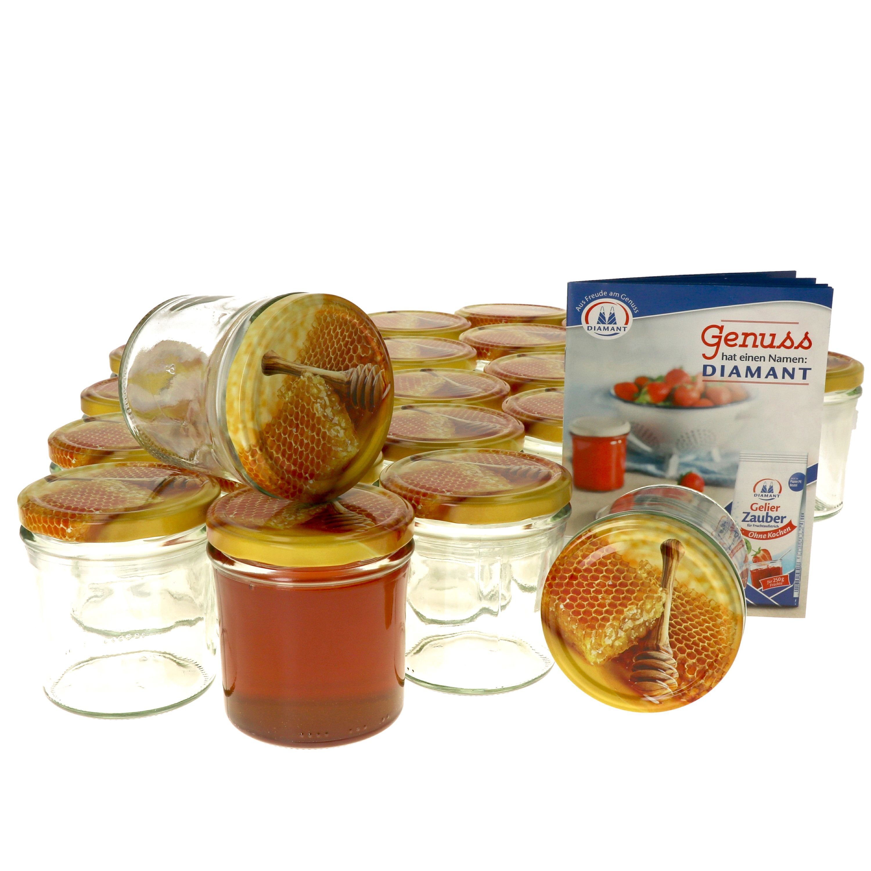 MamboCat Einmachglas 25er Honigwabe ml mit Set Rezeptheft, Deckel 350 Sturzglas incl. Glas Carino