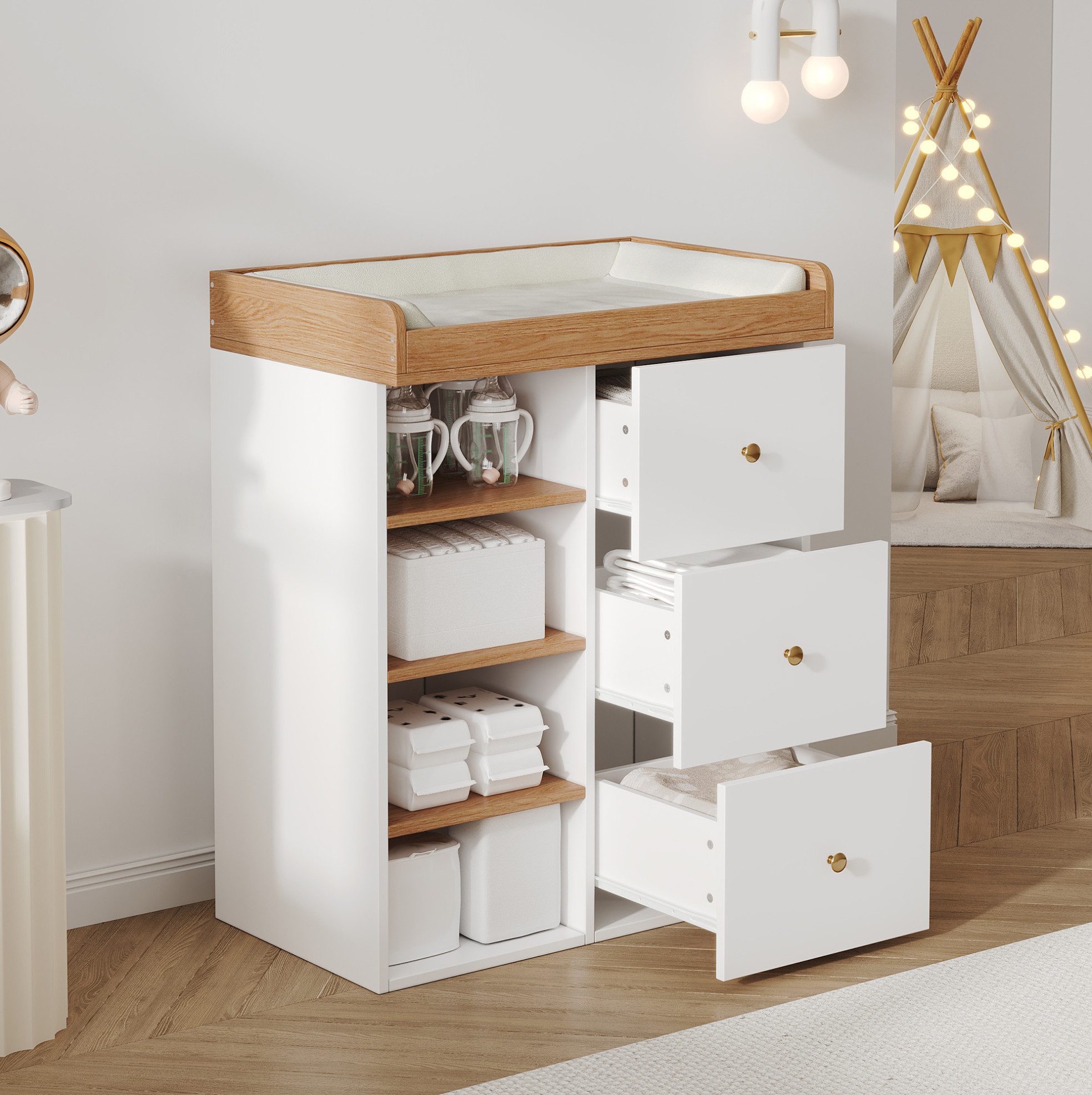 MODFU Wickelkommode Kompakter Wickeltisch – 82×50×100 cm mit Stauraum & Geländer, abnehmbarer Aufsatz, Schubladen, Weiß+Natur