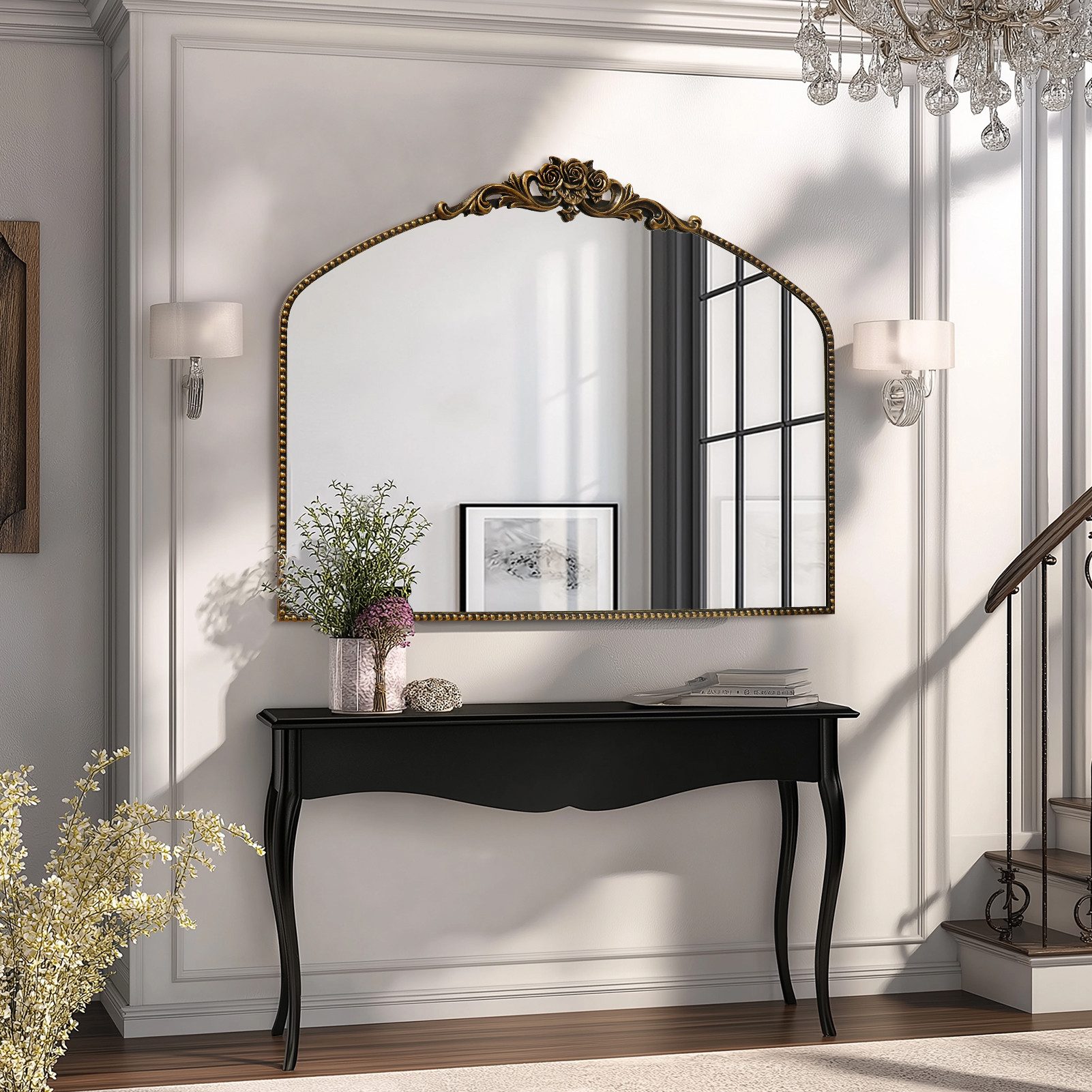 G-LEAF Spiegel Bogen-Wandspiegel, antiker Spiegel im Barockstil, mit Perlenverzierung (1-St), für Eingangsbereich, Badezimmer oder Schlafzimmer, Vintage-Schwarz