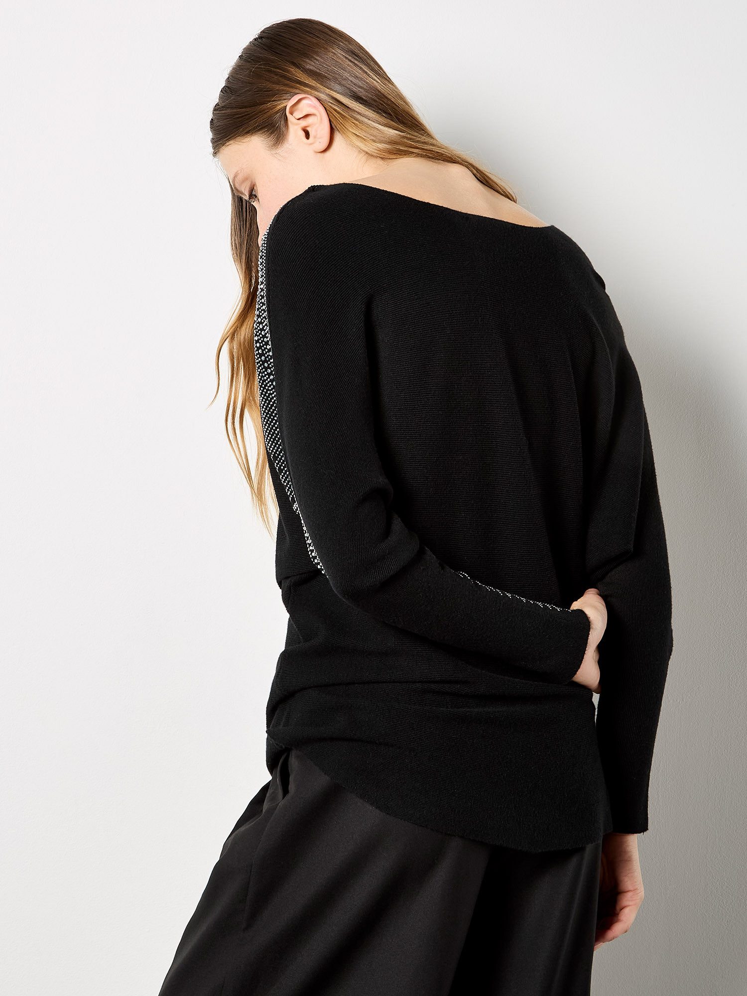Apricot Paillettenshirt Fledermauspullover mit Strasssteinen