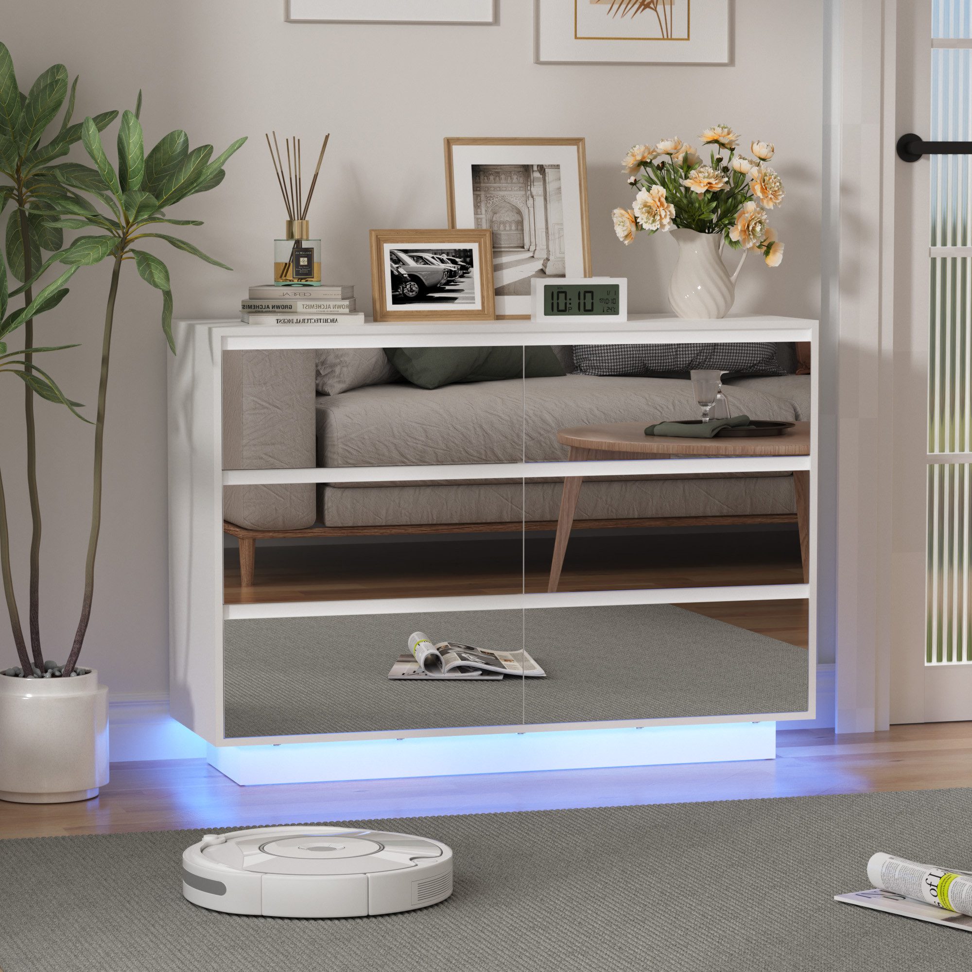 UEV Spiegelschrank mit LED-Beleuchtung, einstellbare Farben Kommode mit 6 Schubladen (Spiegelschrank, Wohnzimmerschrank, Schlafzimmerschrank) 100 x 34 x 72,5cm für Wohnzimmer Schlafzimmer Flur