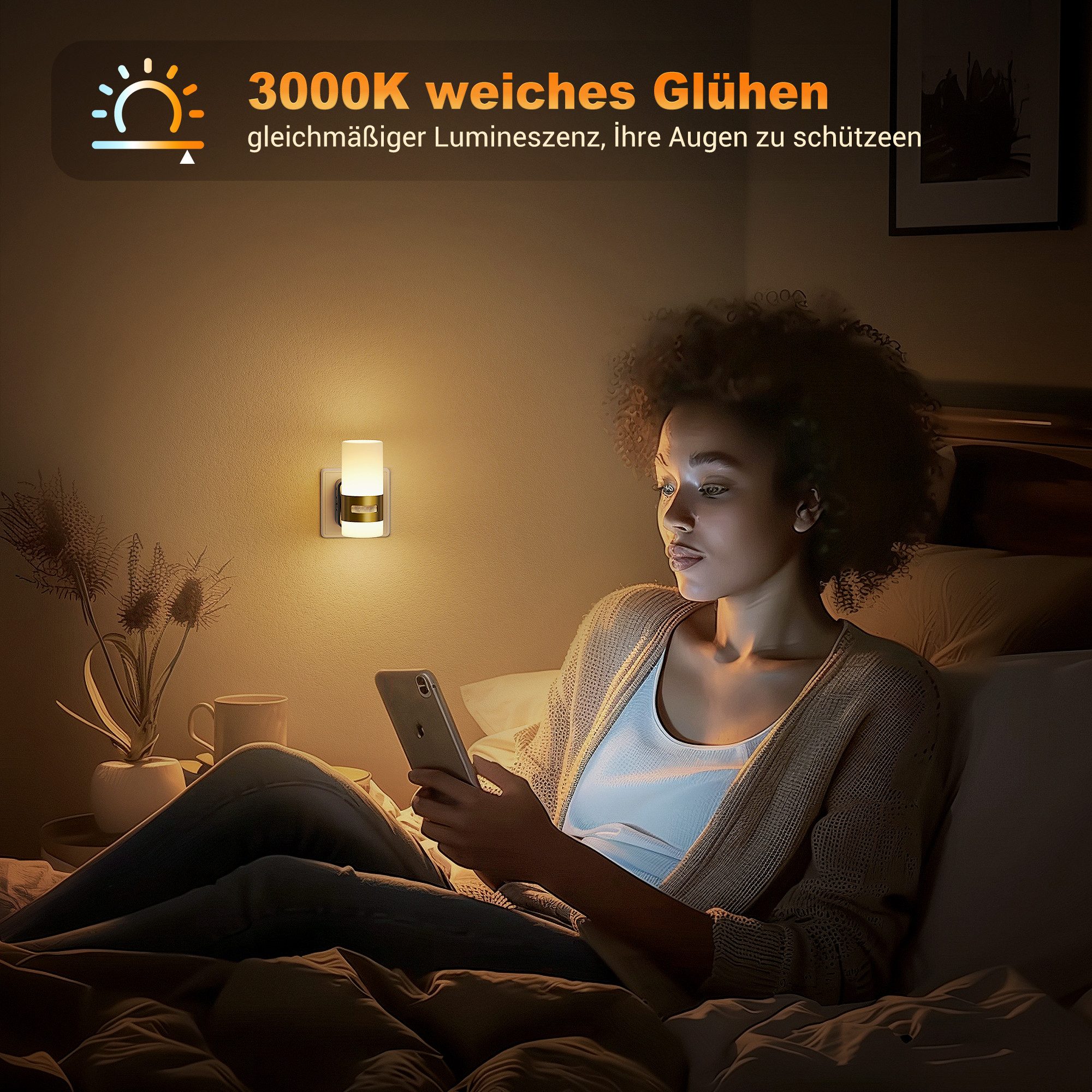 LOHAS-LED Nachtlicht Steckbares Up-Down Nachtlicht mit Bewegungssensor, LED fest integriert, Warmweiß, Stufenlos dimmbar, warmes 2700K Licht mit goldfarbenem Me – Bild 5 von 5