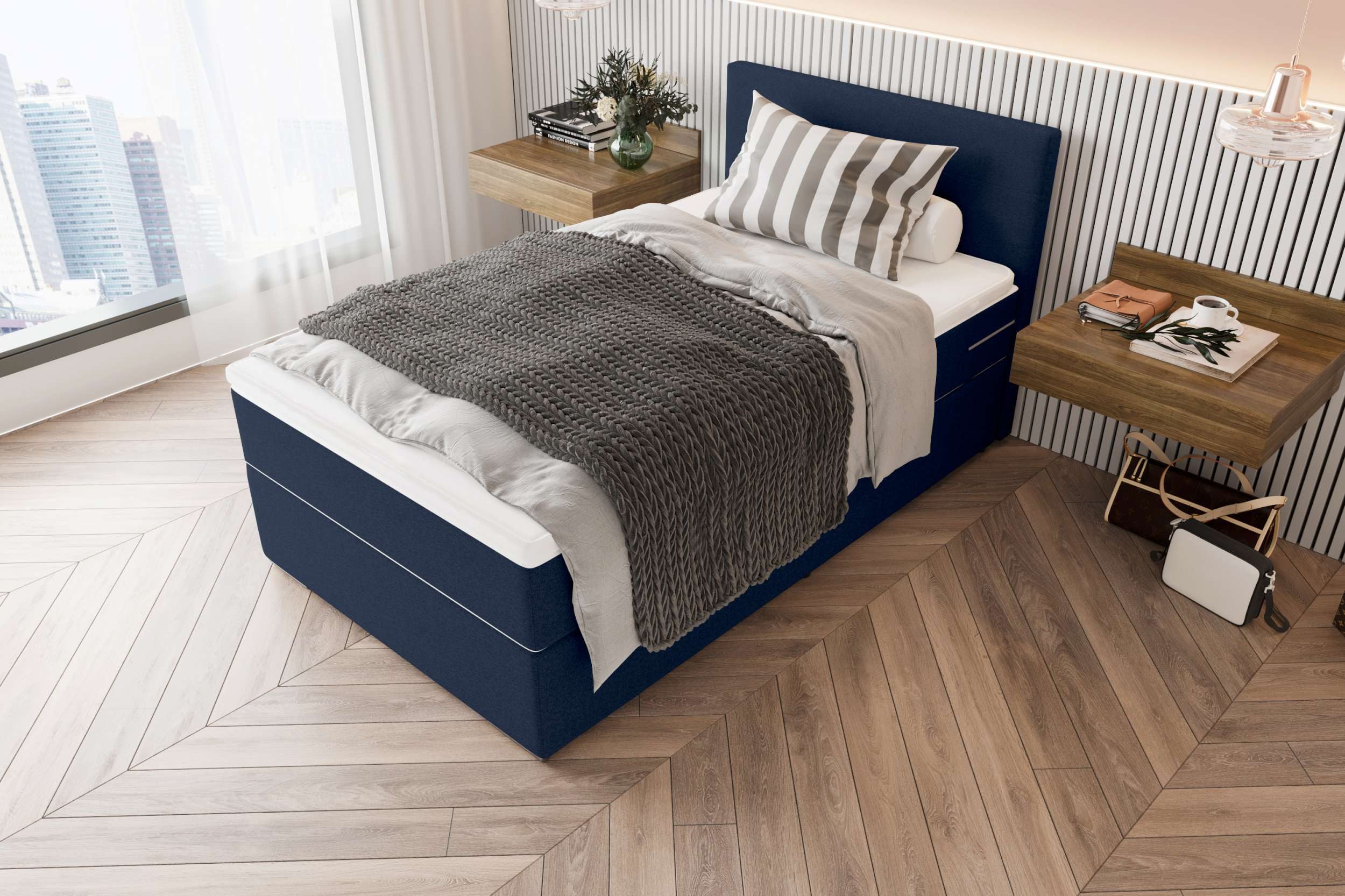 99rooms Boxspringbett Phönix Mini (Schlafzimmerbett, Bett), mit Taschenfederkernmatratze und Topper, in Webstoff MALMO_NEW