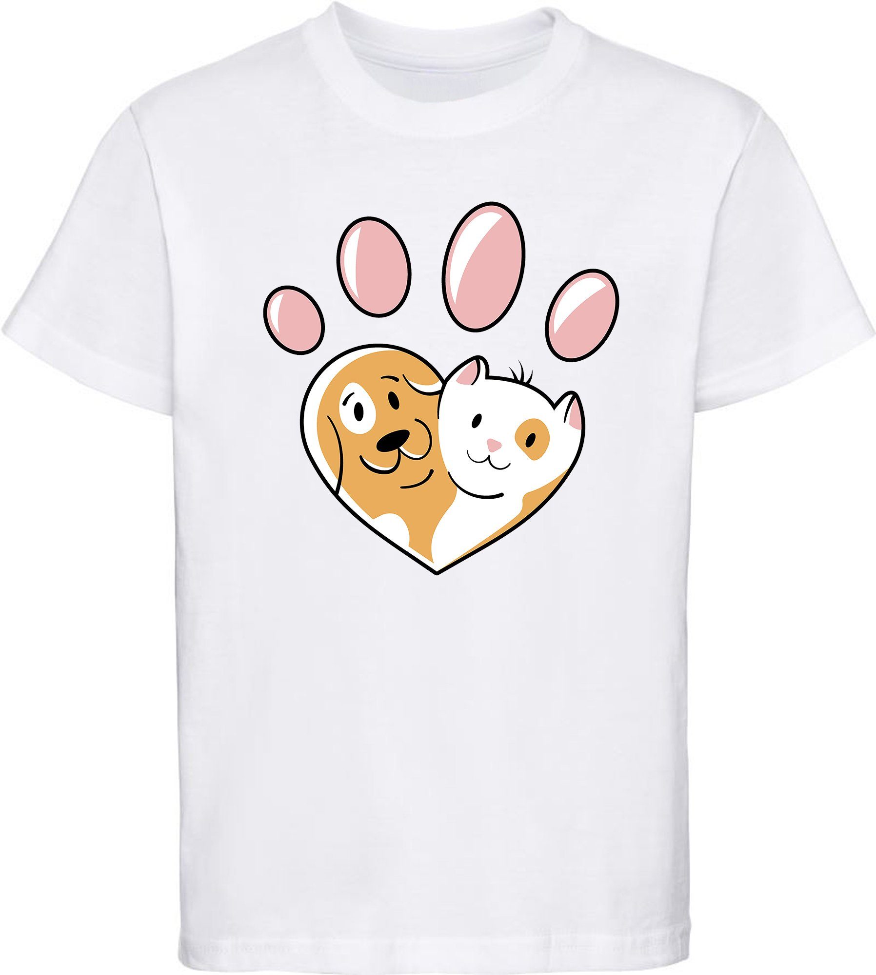 MyDesign24 Print-Shirt bedrucktes Kinder Hunde T-Shirt - Herz Pfote mit Hund und Katze Baumwollshirt mit Aufdruck, i223 weiss