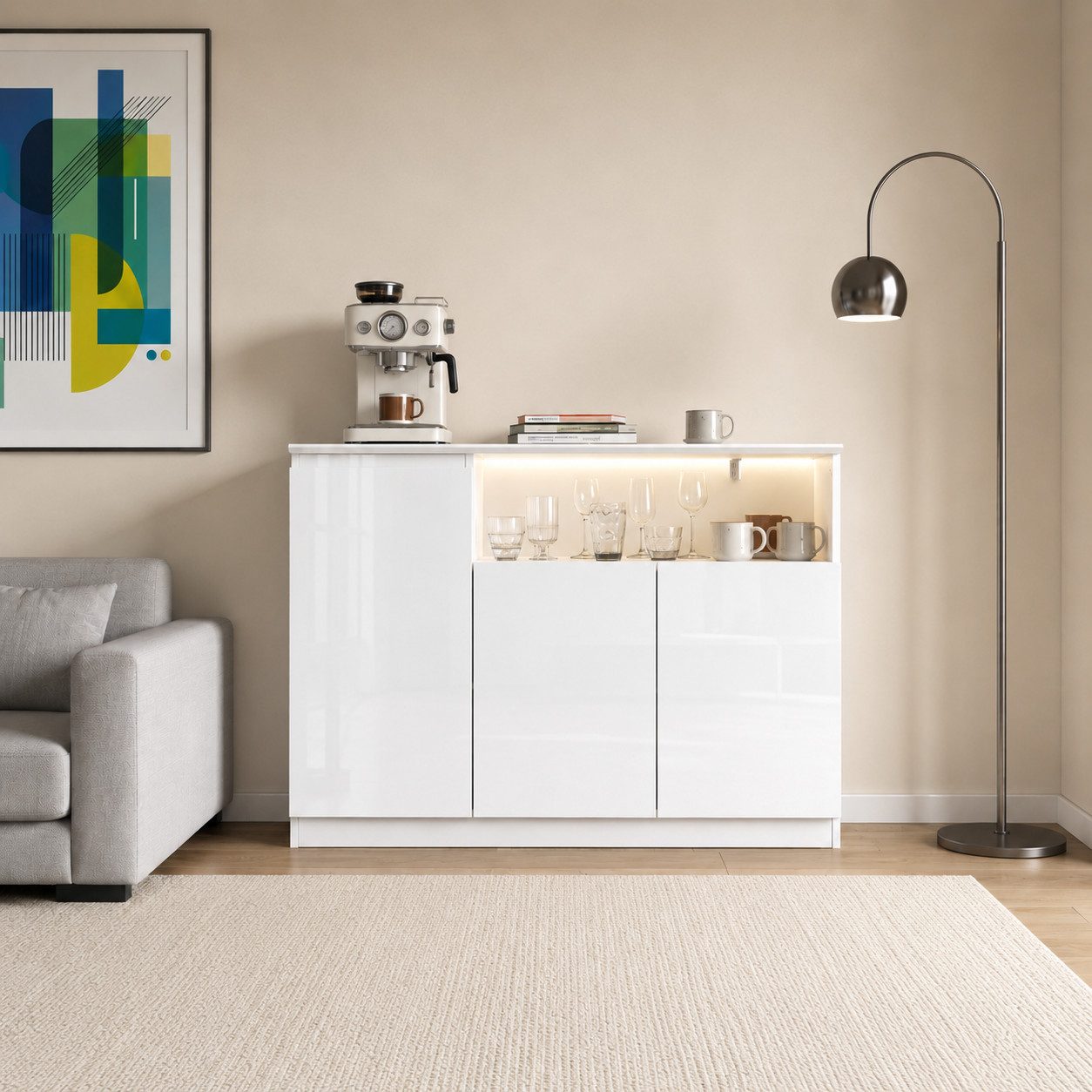 FUFU&GAGA Sideboard Hochglanz Kommode mit LED-Beleuchtung, weiß, 80-200 cm