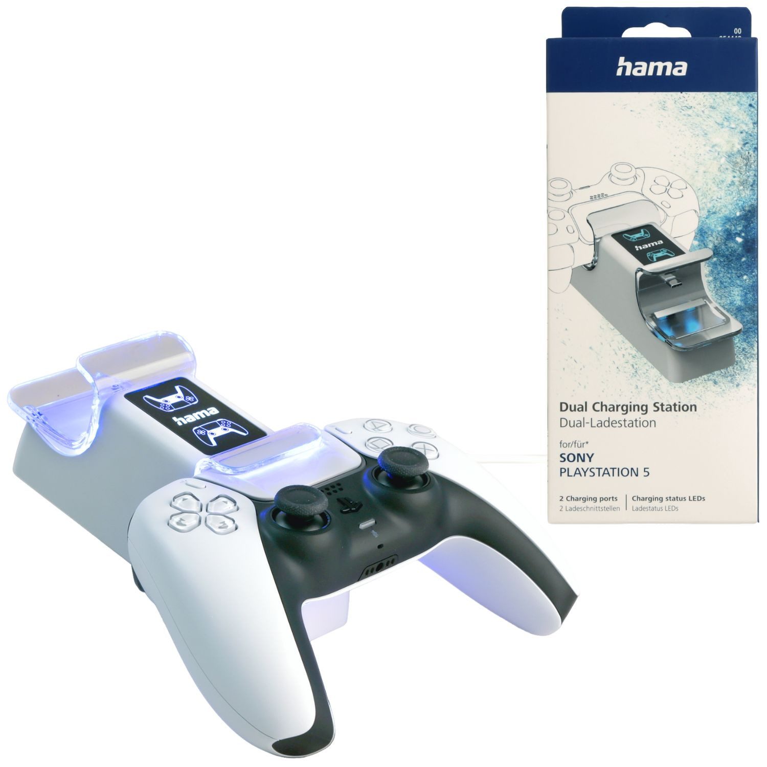 Hama Dual Ladestation für Sony PS5 Wireless Controller Controller-Ladestation (Set, Docking-Station, USB Ladegerät Docking Dock Standfuß Lader 2x Port Ladeanzeige)