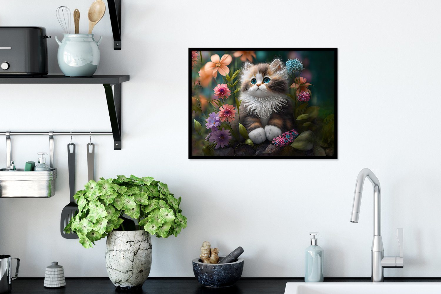 Katze, MuchoWow Gerahmtes St), Rahmen, Blumen Bilderrahmen Kunstdruck, Poster, Natur - - Kätzchen Poster - - Schwarzem Illustration mit (1