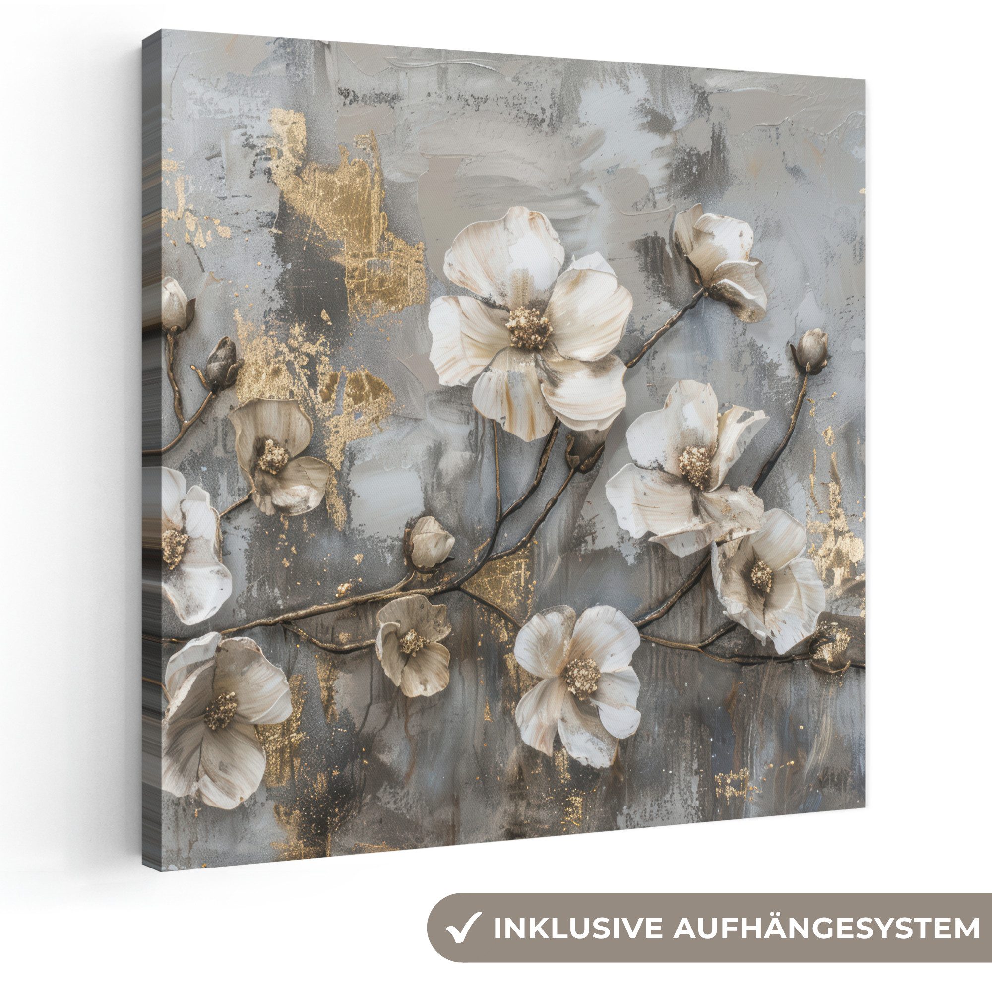 OneMillionCanvasses® Leinwandbild Blumen - Weiß - Grau - Gold - Luxus, Fotodruck (1 St), Wandbild, Deko Schlafzimmer Wohnzimmer Flur 20x20 cm