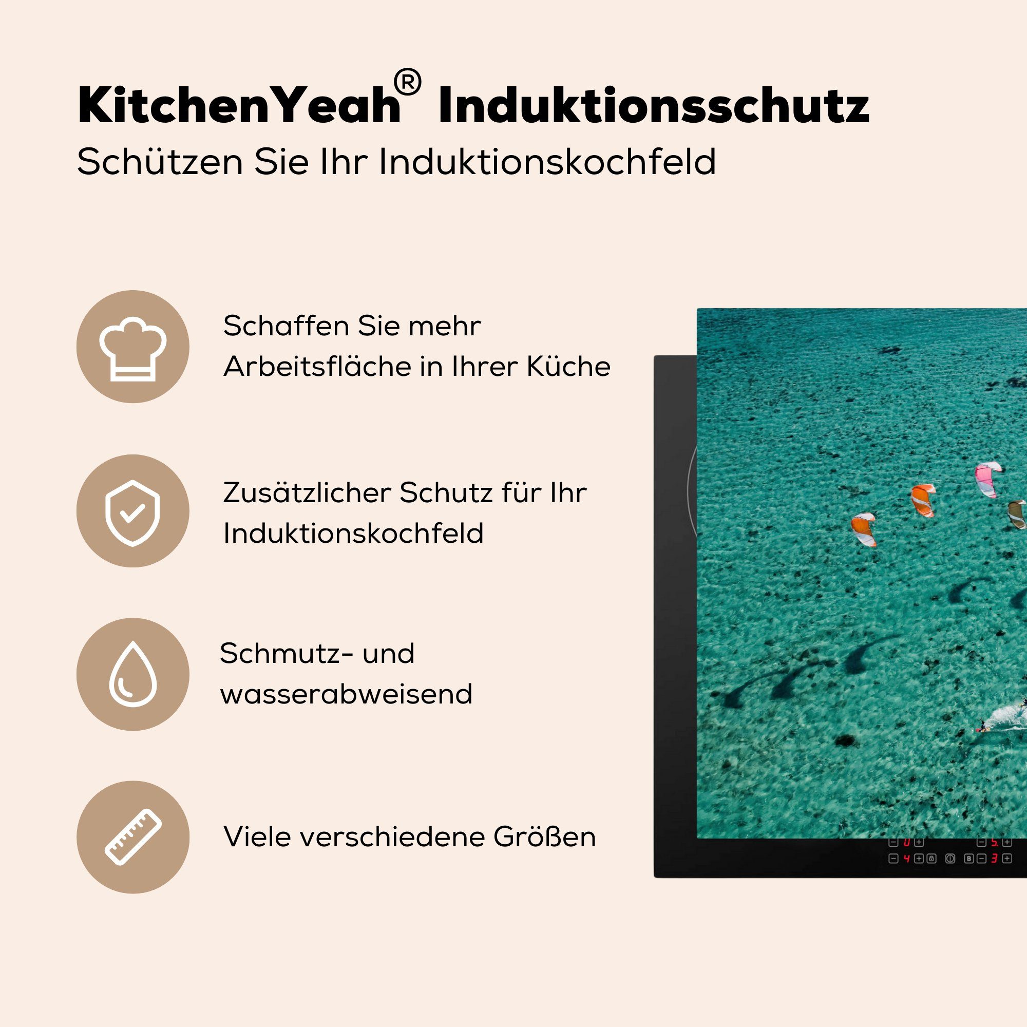 Induktionskochfeld Vinyl, (1 81x52 tlg), für Menschen, dem küche, cm, Ozean Schutz auf Herdblende-/Abdeckplatte Ceranfeldabdeckung kitesurfen, die die MuchoWow