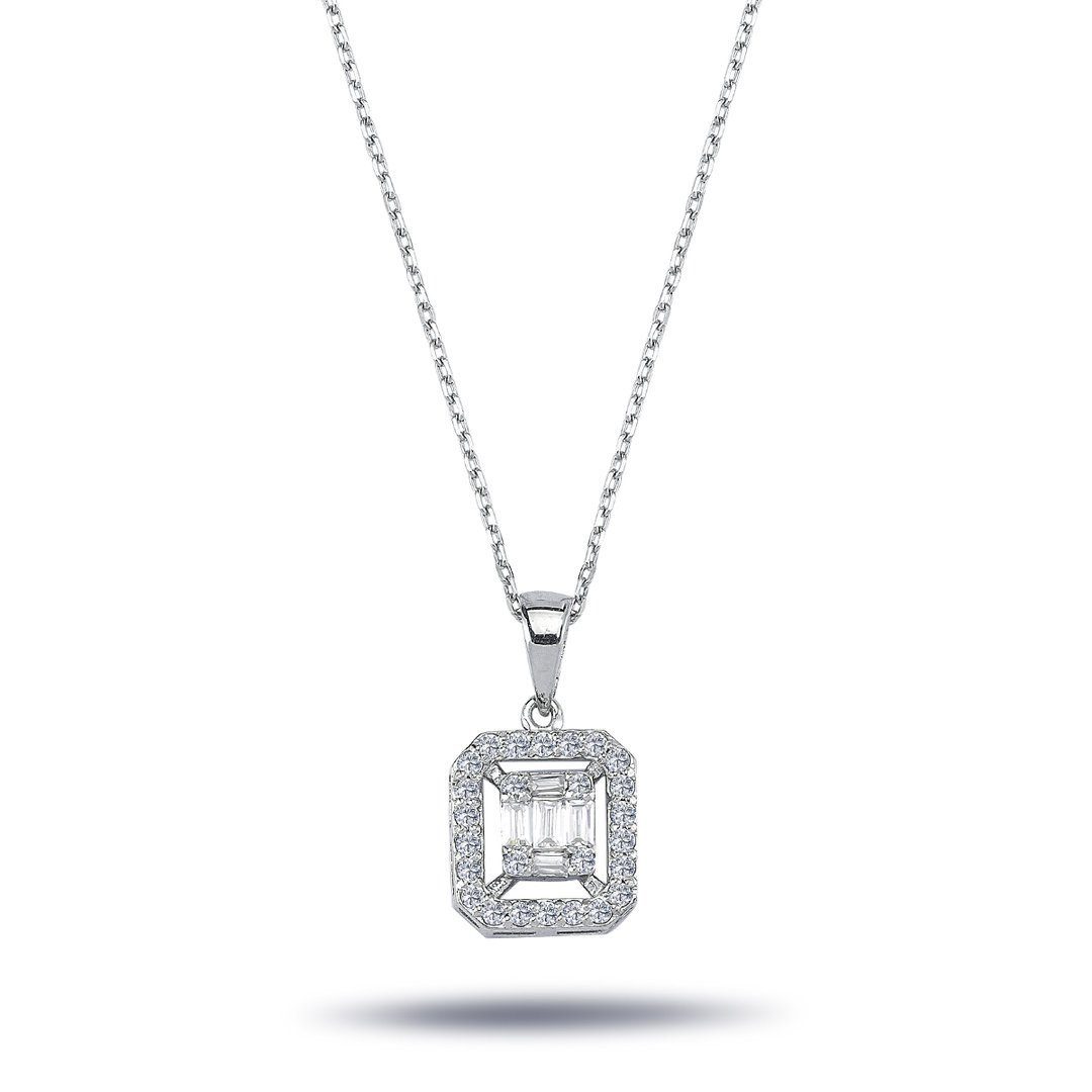 EinStein Diamant Collier Halskette Carreé Anhänger Diamanten Baguette Brillant Schliff Weißgold, Baguette Diamant