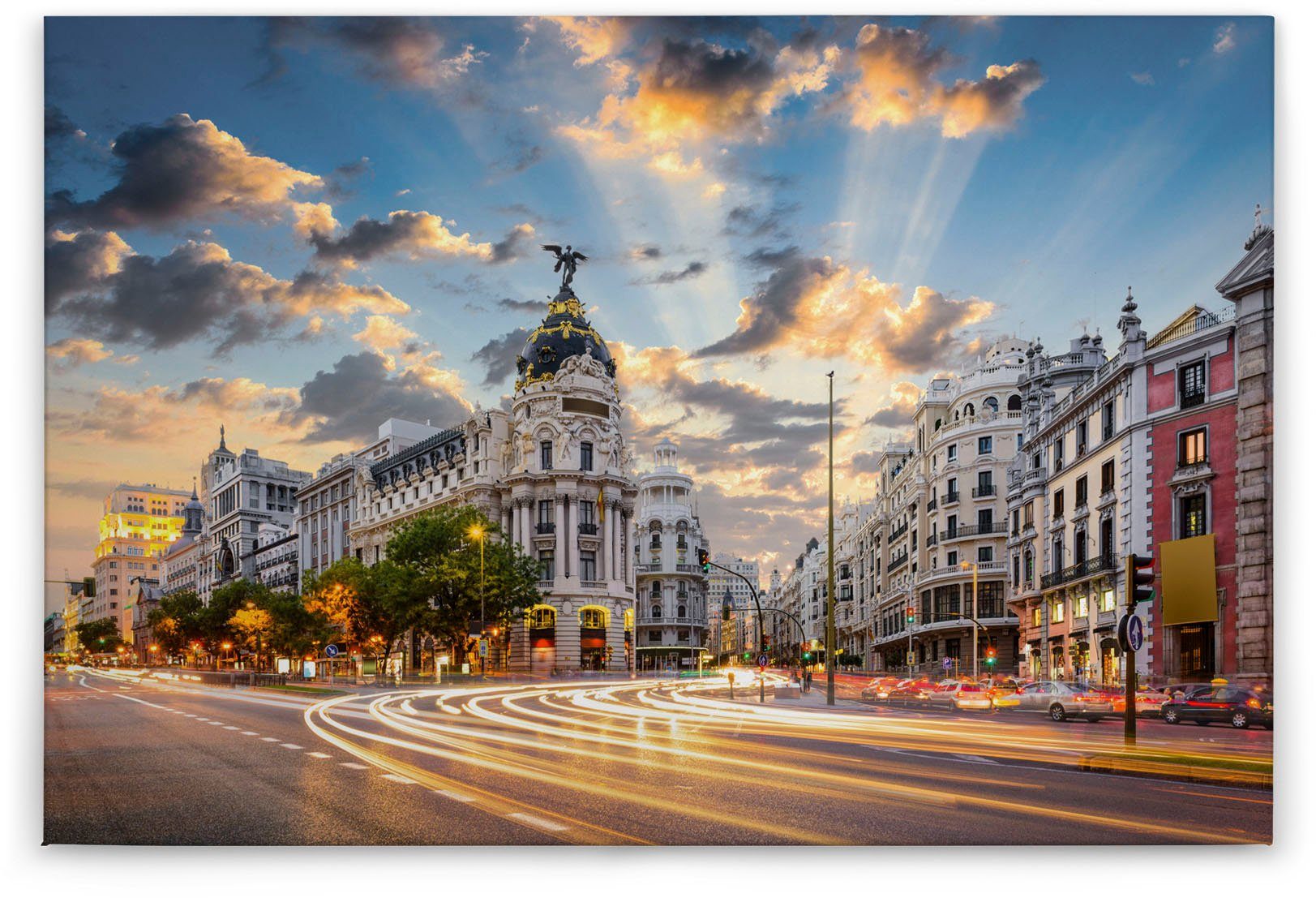 A.S. Création Leinwandbild Gran Via, Gemälde, Kinder, Kunst (1 St), Madrid Keilrahmen Großstadt Spanien Leinwand-Bild Wohnzimmer modern