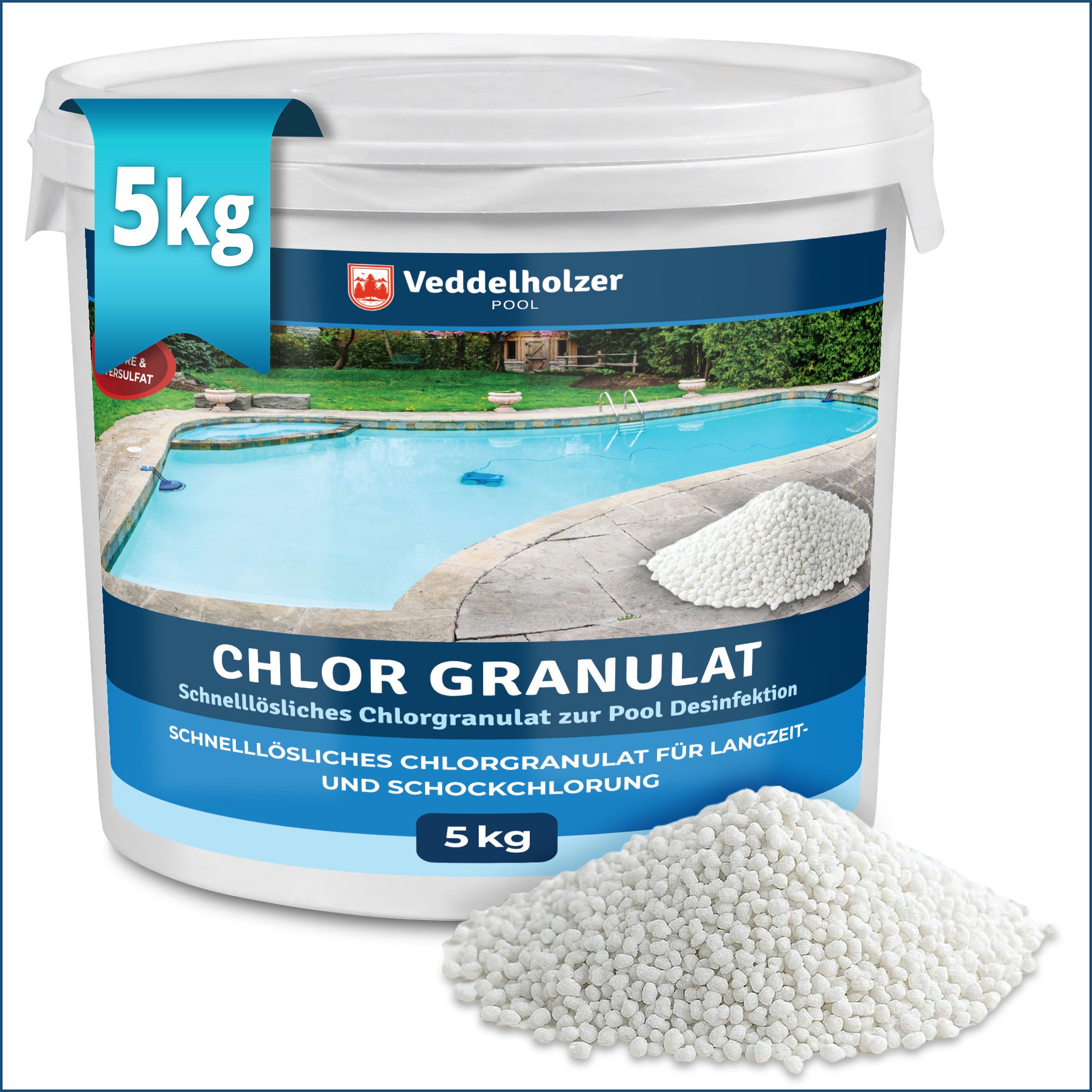 Veddelholzer Chlorgranulat 5 kg Chlor Granulat für Pool Schnelllösliches Schockchlor Stoßchlorung, (Saisonstart – Wasserpflege & Wasserdesinfektion), für klares Poolwasser
