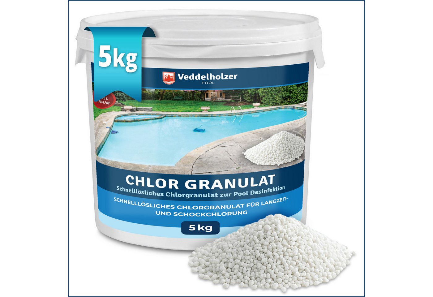 Veddelholzer Chlorgranulat 5 kg Chlor Granulat für Pool Schnelllösliches Schockchlor Stoßchlorung, (Saisonstart – Wasserpflege & Wasserdesinfektion), für klares Poolwasser