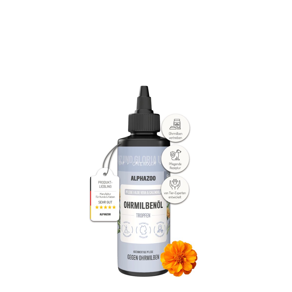 ALPHAZOO Ohrenreiniger Ohrmilbenöl für Katzen 100 ml, 1-tlg., Ohrenpflege, effektiv gegen Ohrmilben, Milben im Ohr bekämpfen