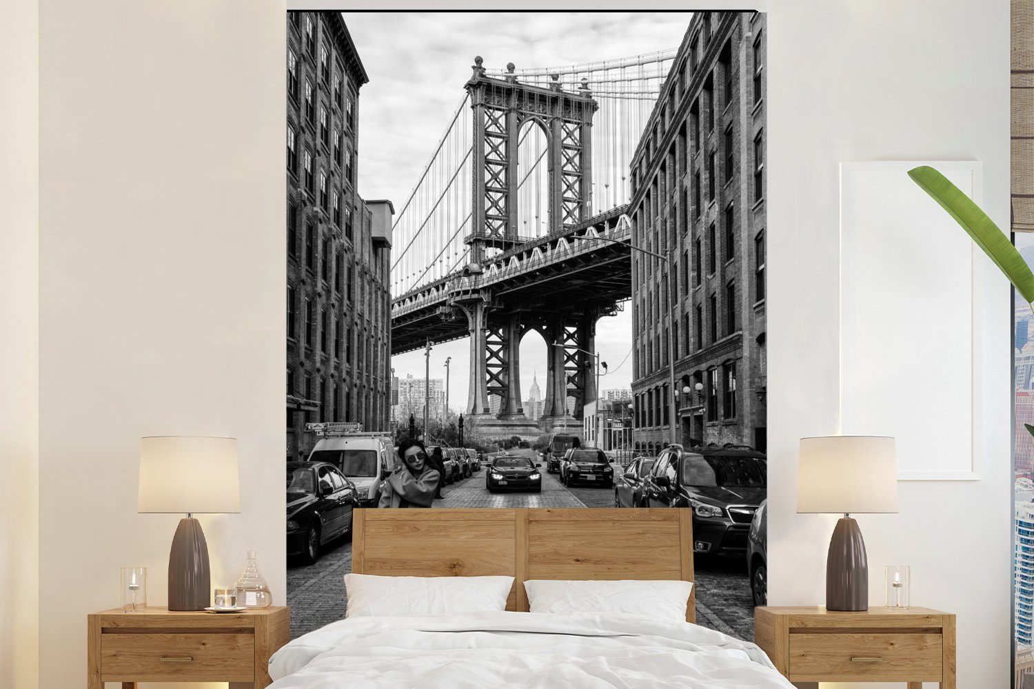 MuchoWow Fototapete New York - Manhattan - Brücke - Schwarz - Weiß, Matt, bedruckt, (3 St), Montagefertig Vinyl Tapete für Wohnzimmer, Wandtapete