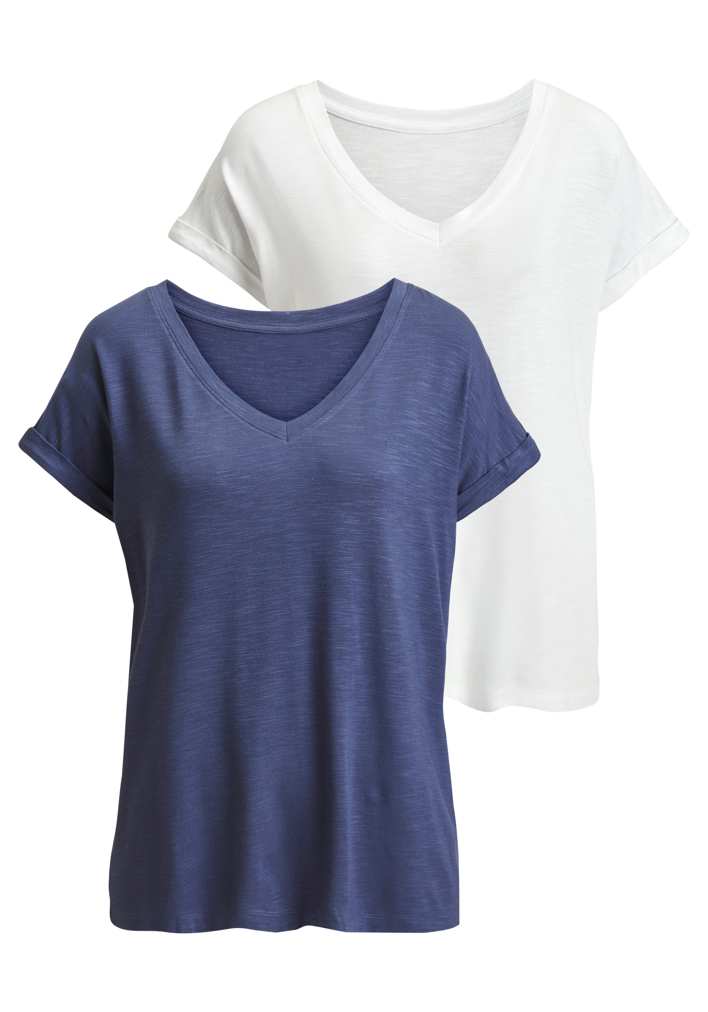 Beachtime V-Shirt mit fixiertem Ärmelumschlag (2-tlg) aus luftiger Viskose-Qualität. € 34,98, (€ 17,49 pro 1 Stk).