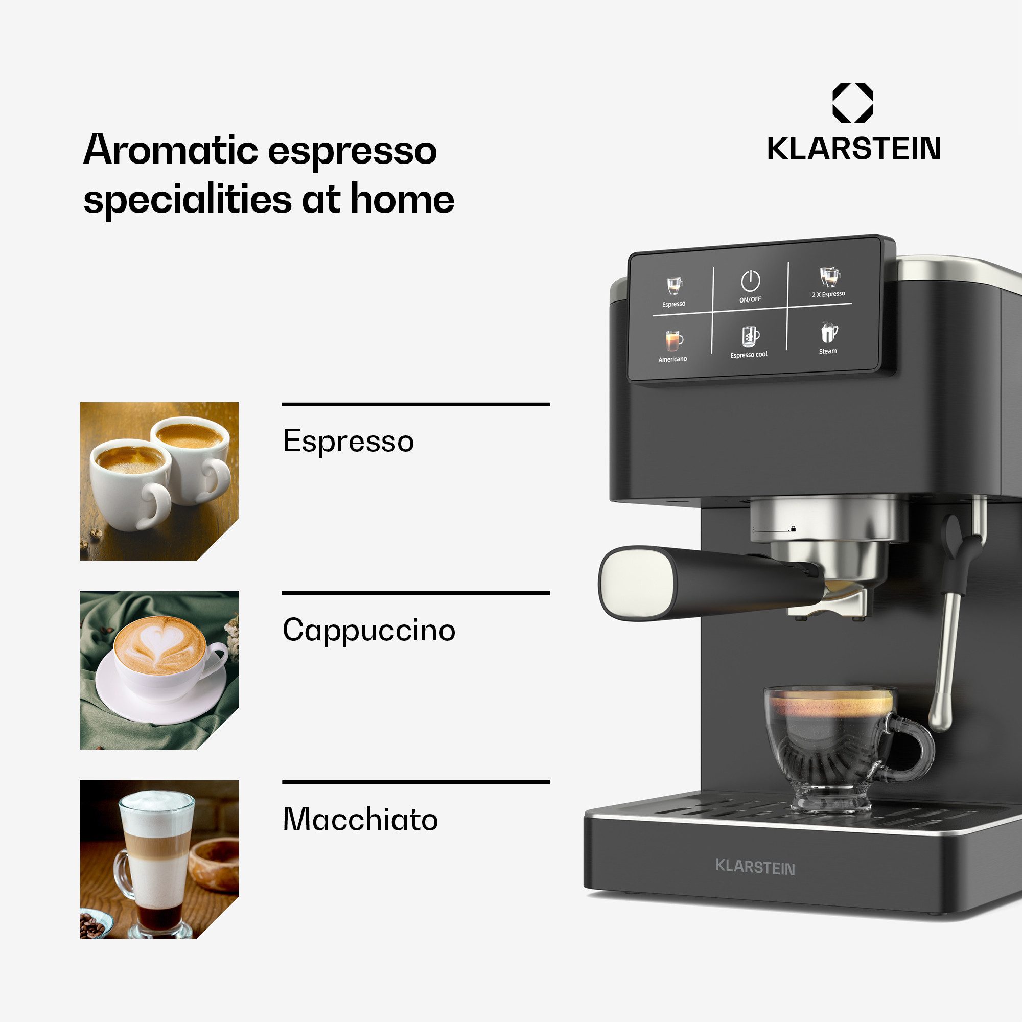 Klarstein Espressomaschine, 1.5l Kaffeekanne, Edelstahlfilter, Elektrisch 20 Bar Espressomaschine Kaffemaschine Touch