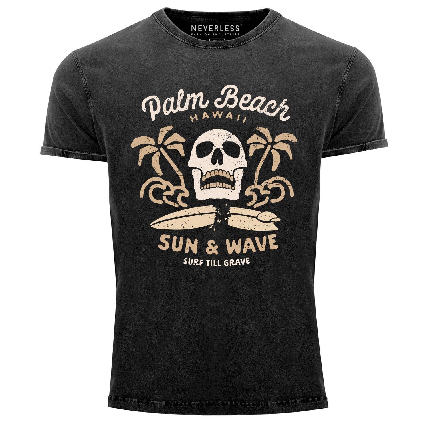 Neverless Print-Shirt Neverless® Herren T-Shirt Surf-Motiv Totenkopf Palm Beach Vintage Shirt mit Print schwarz