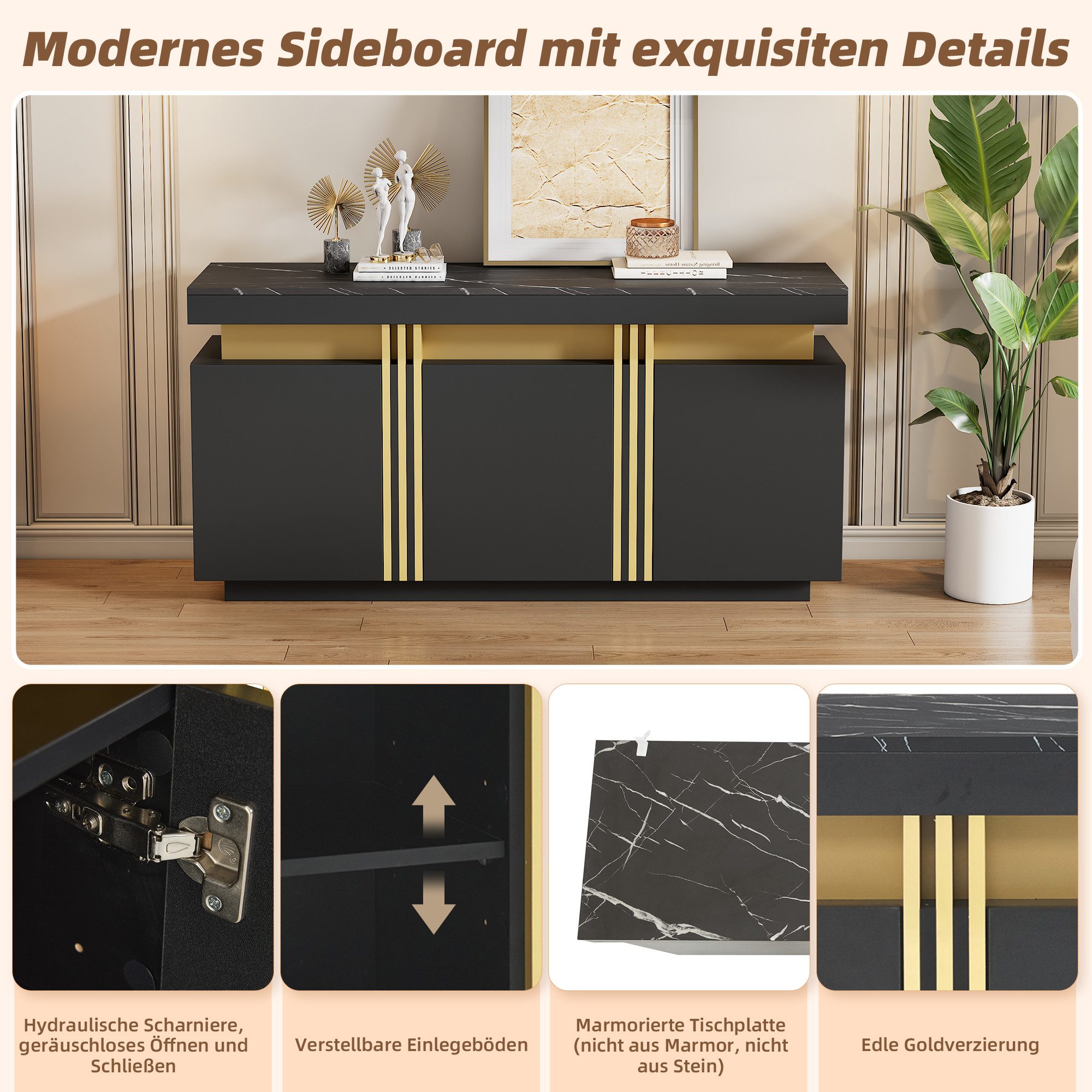 Merax Sideboard Aufbewahrungsschrank Anrichte mit Marmoroptik (1 St., 140x38x70cm), Kommode mit 3 Türen, verstellbaren Einlegeböden & Platin-Akzenten