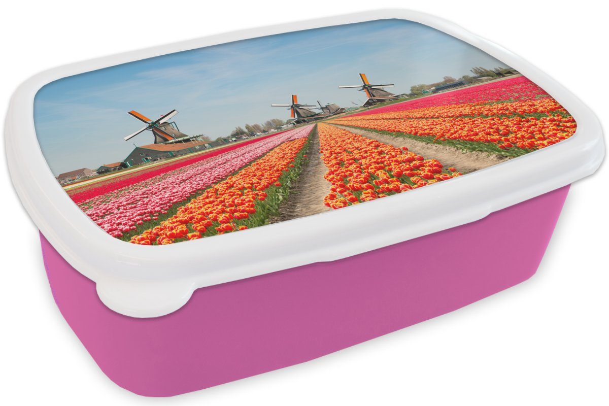 (2-tlg), Brotbox Tulpen Niederlande, Snackbox, für Kunststoff Kunststoff, Mädchen, - - Kinder, Brotdose Erwachsene, Lunchbox Windmühle MuchoWow rosa