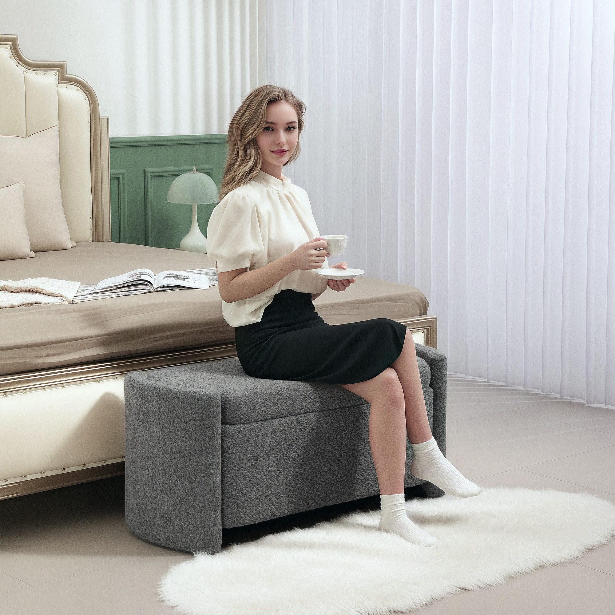 HOMCOM Sitzbank Bettbank mit Stauraum, Teddy-Samtoptik, Sitztruhe, Schlafzimmer (Aufbewahrungsbank, 1-St., Lagerbank), Grau, 105 x 44 x 45,5 cm
