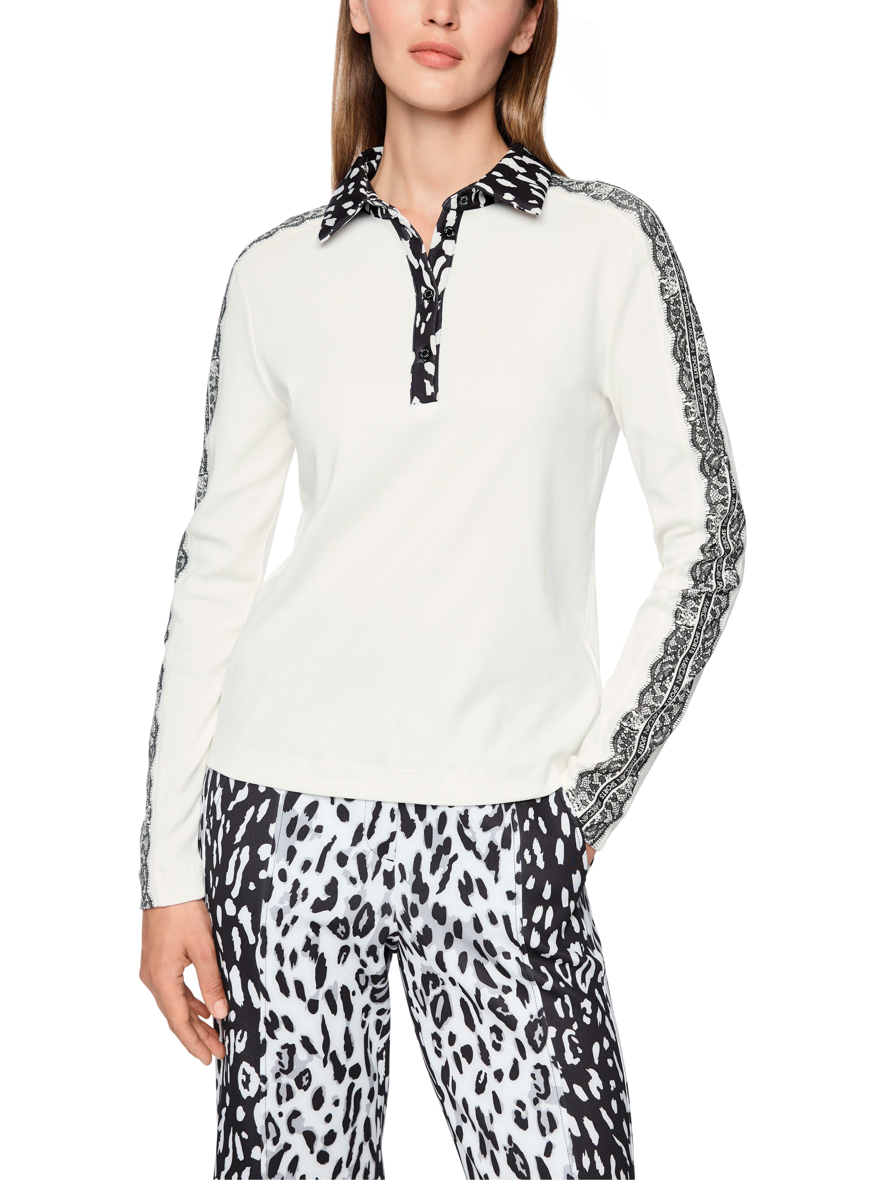 Marc Cain Langarm-Poloshirt Cattitude Premium Damenmode kontrastfarbene Details