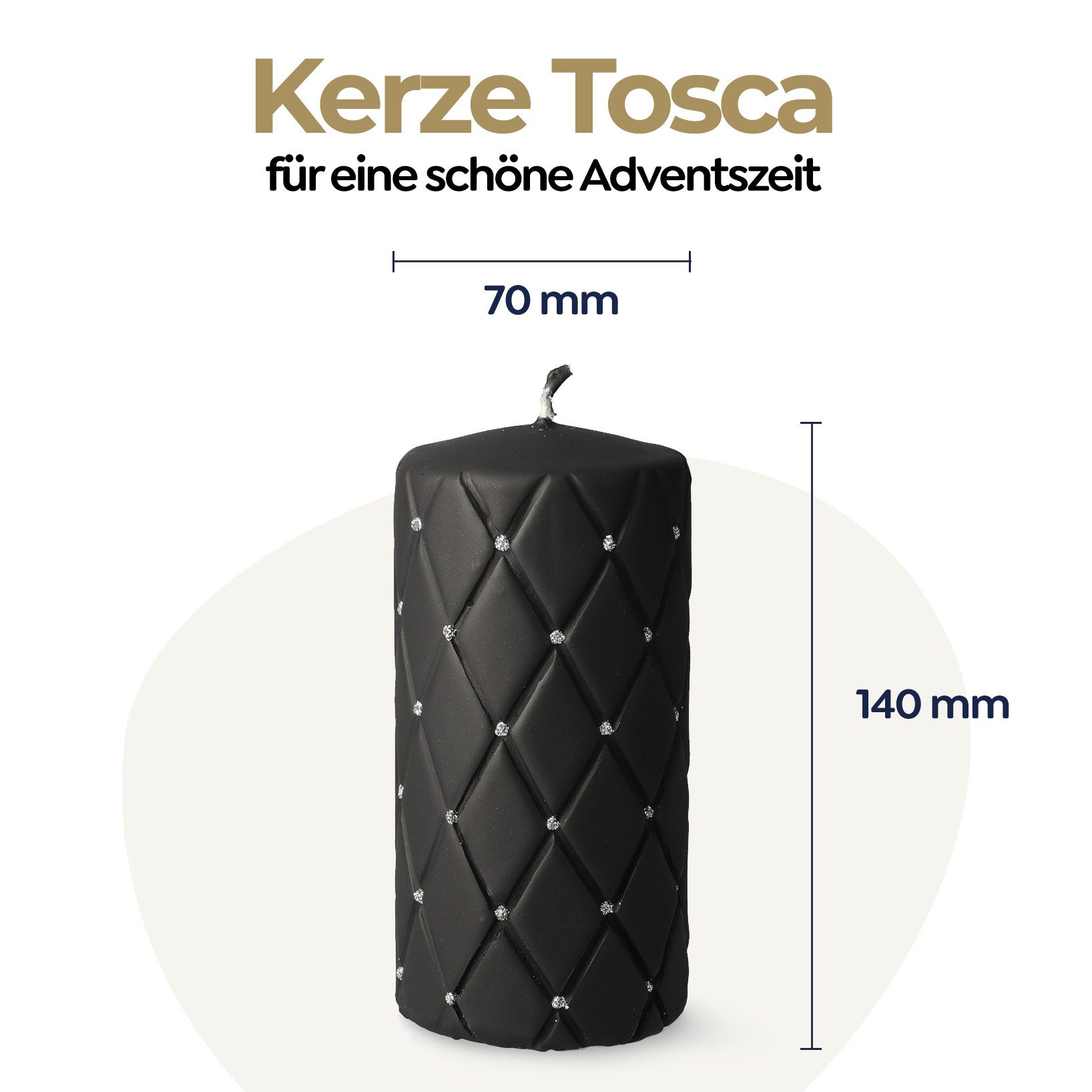 coco+cozy Stumpenkerze Tosca mit Diamant-Optik Ø 7cm x 14cm, 84 h Brenndauer, schwarz