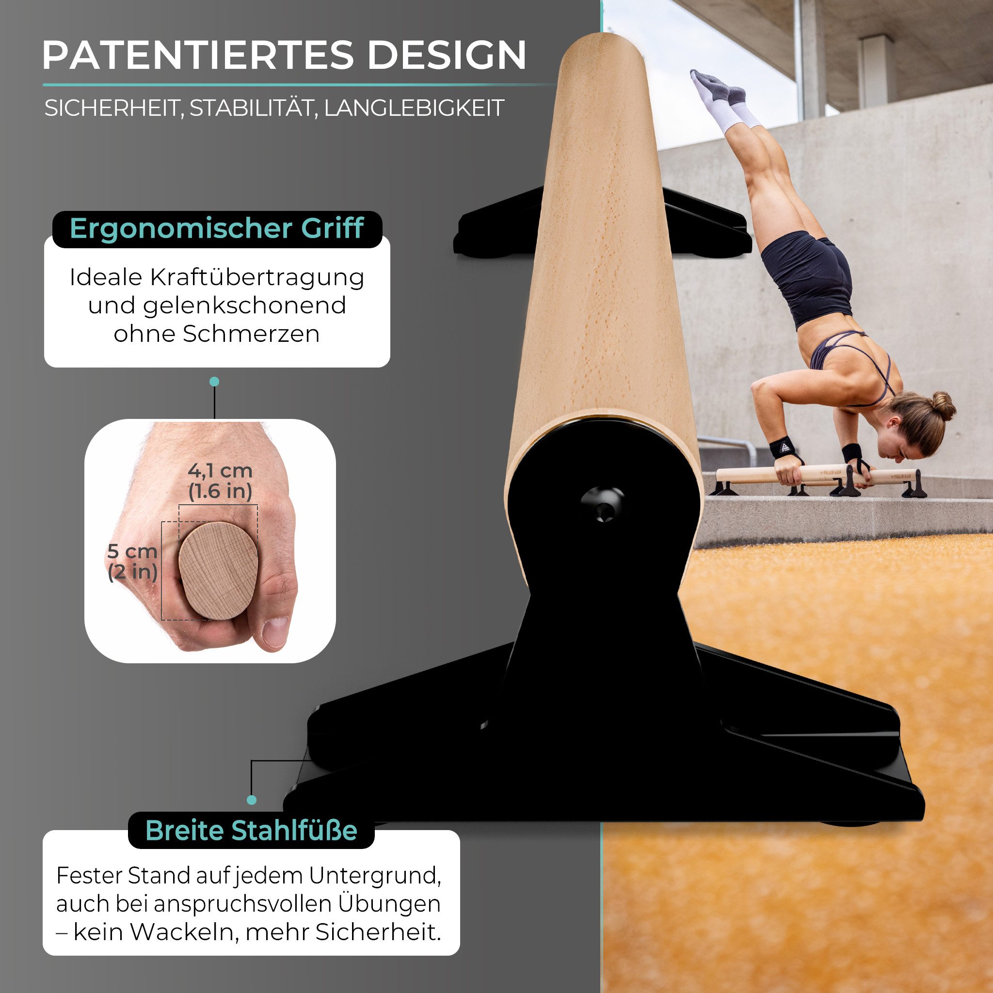 Pullup & Dip Handstandtrainer Holz Parallettes, Low oder Medium mit ergonomischem Holz Griff (1-St), Material: Holz, Buchenholz