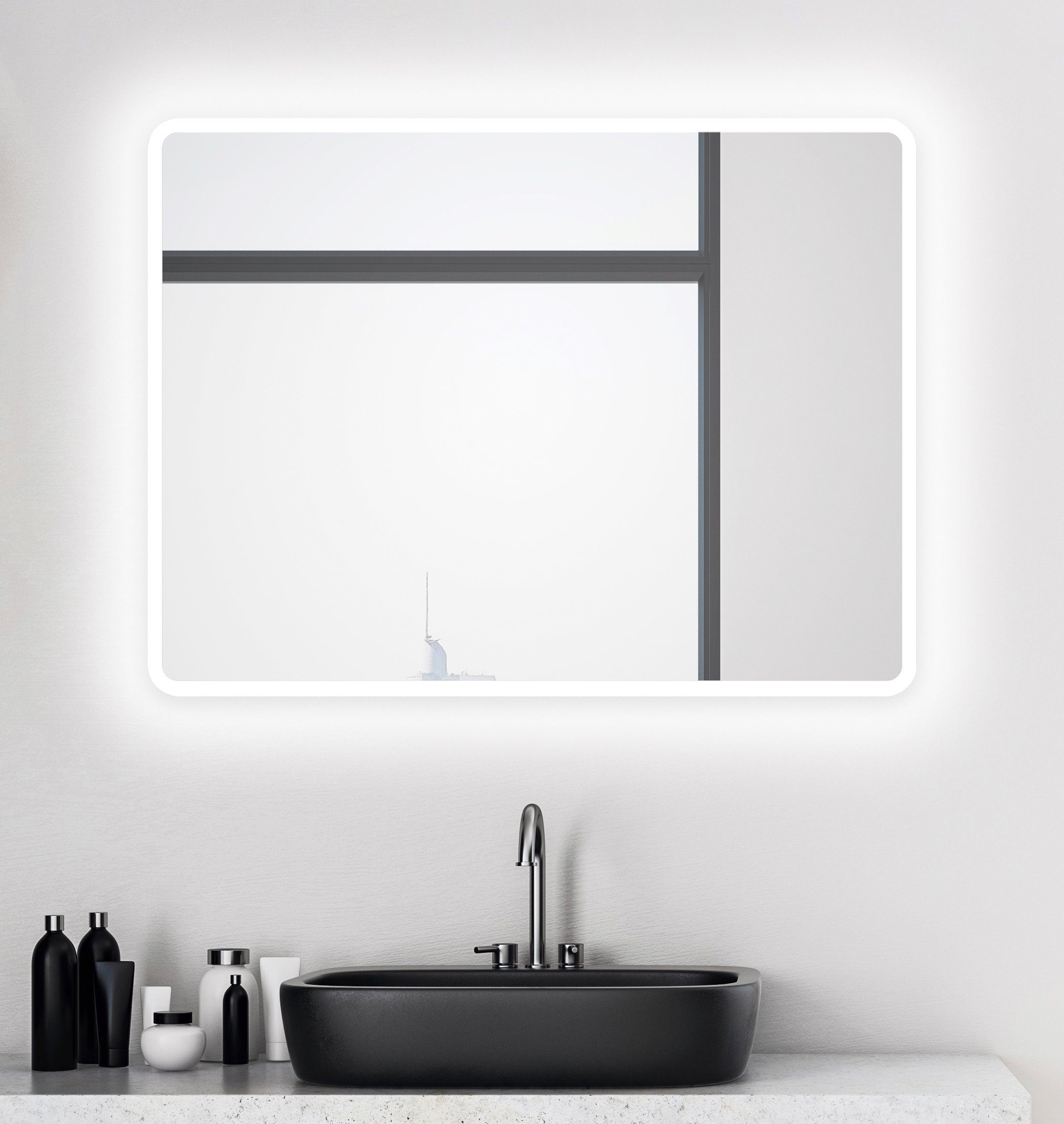 Talos Badspiegel Talos Black Moon, 80 x 60 cm, Design Lichtspiegel silber matt