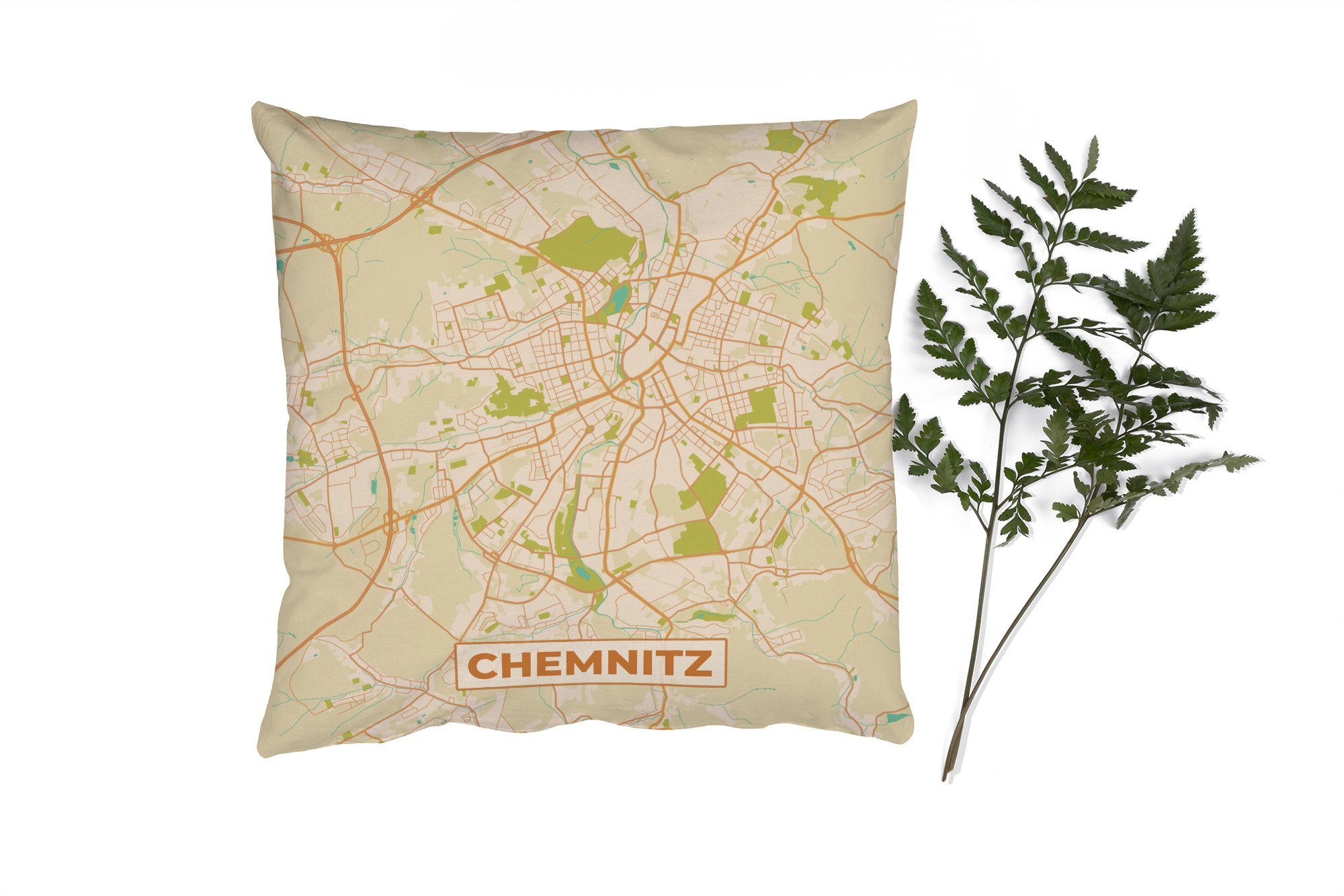 MuchoWow Dekokissen Chemnitz - Karte - Vintage - Stadtplan, Zierkissen mit Füllung für Wohzimmer, Schlafzimmer, Deko, Sofakissen