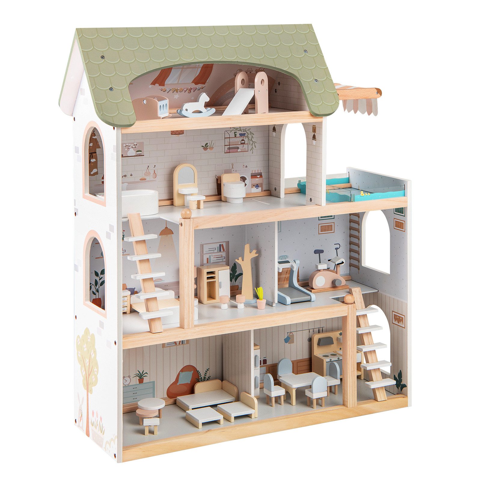 KOMFOTTEU Puppenhaus Puppen-Villa, mit 33 realistische Zubehör & Möbel, 6 Z günstig online kaufen