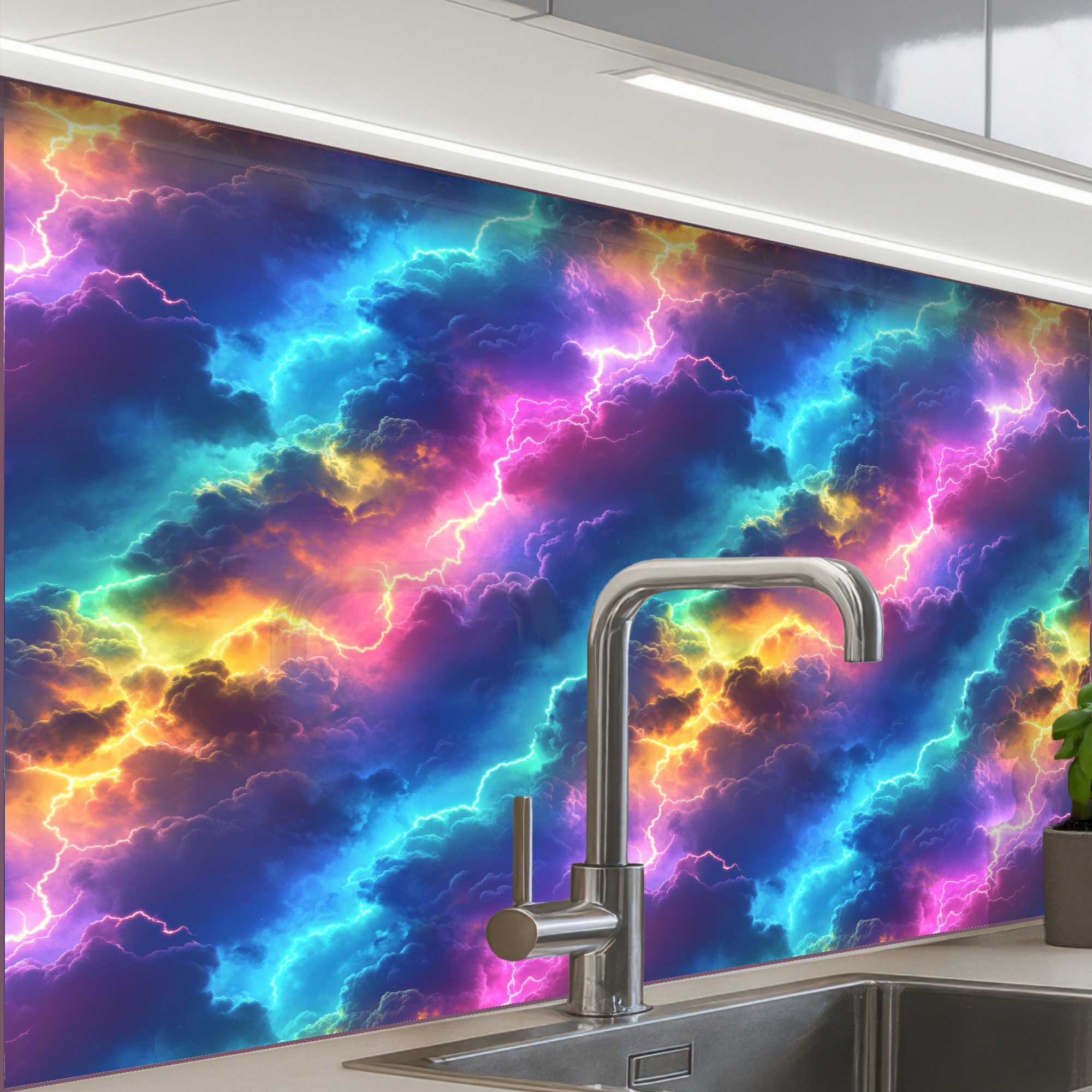 KitchenYeah Küchenrückwand Muster selbstklebend (keine Folie) Sturm - Blitz - Regenbogen, (1-tlg), Spritzschutz, Küche, Rückwand, Küchenwand, Küchenfront, 30x20 cm