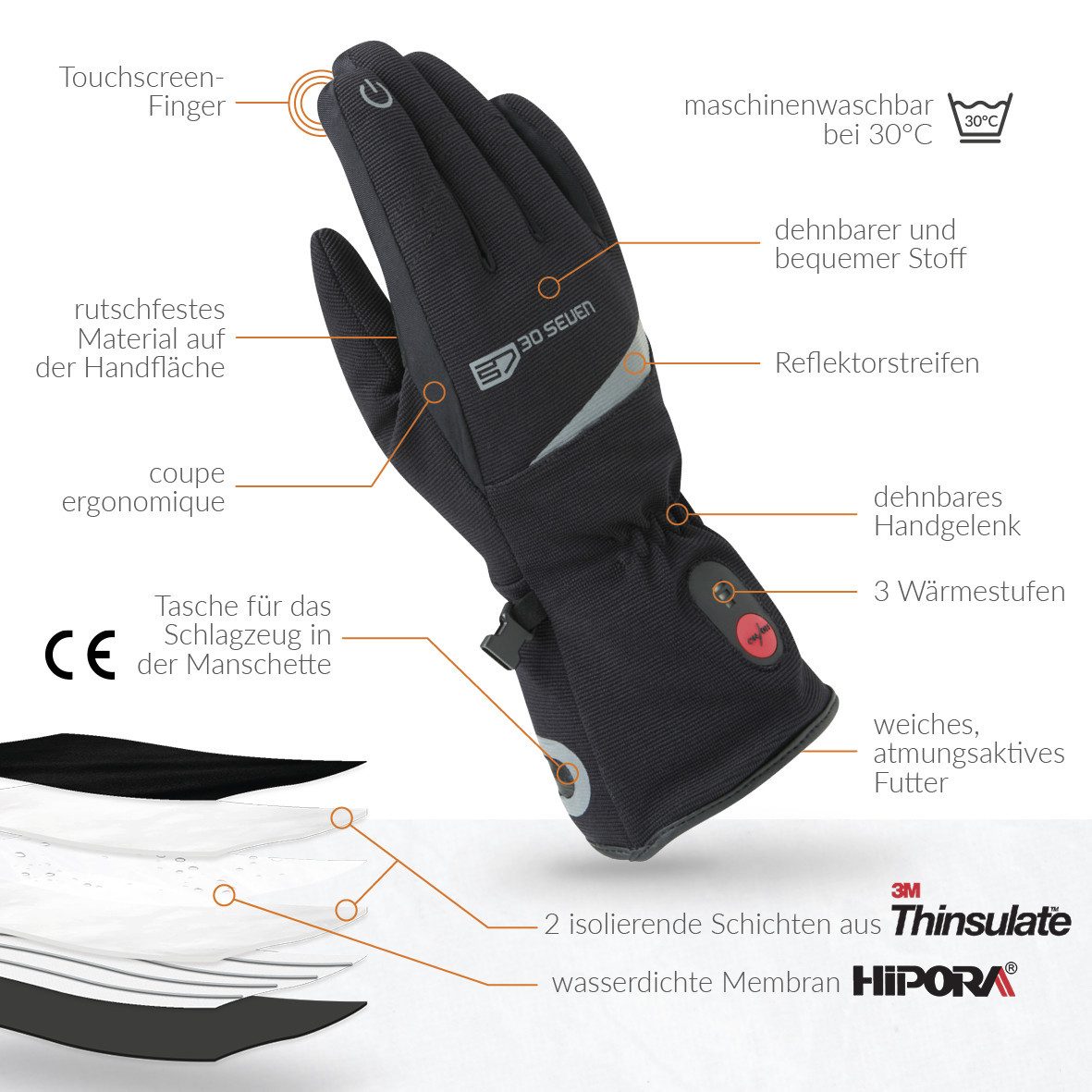 30seven Fahrradhandschuhe beheizte Thinsulate Comfort Handschuhe - schwarz 7,4V Set inkl. 2 Akkus & Doppelladegerät – Bild 3 von 5