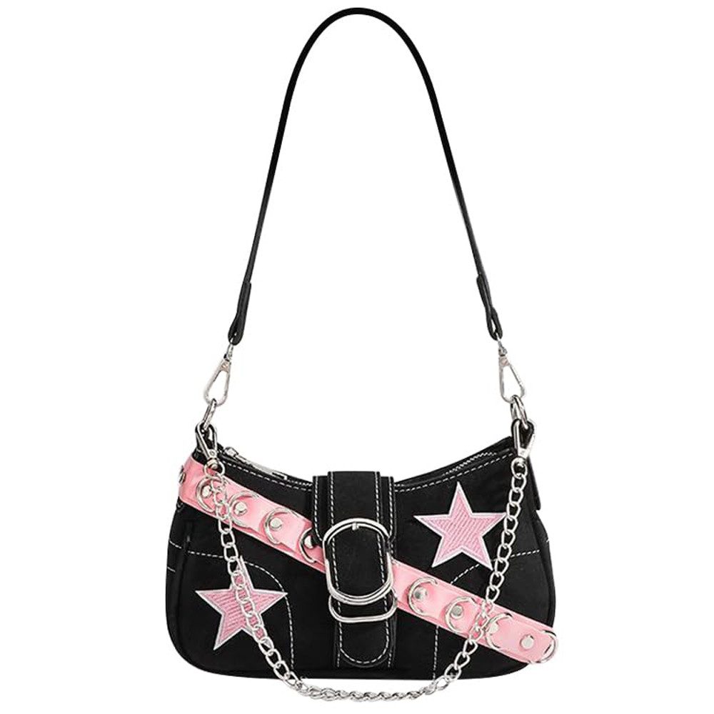 Zaewry Schultertasche Umhängetasche Damen klein Handtasche, Y2K Crossbody Bag Damen, mit Sternenstickerei und Kettenriemen, Vintage für Frauen Dating