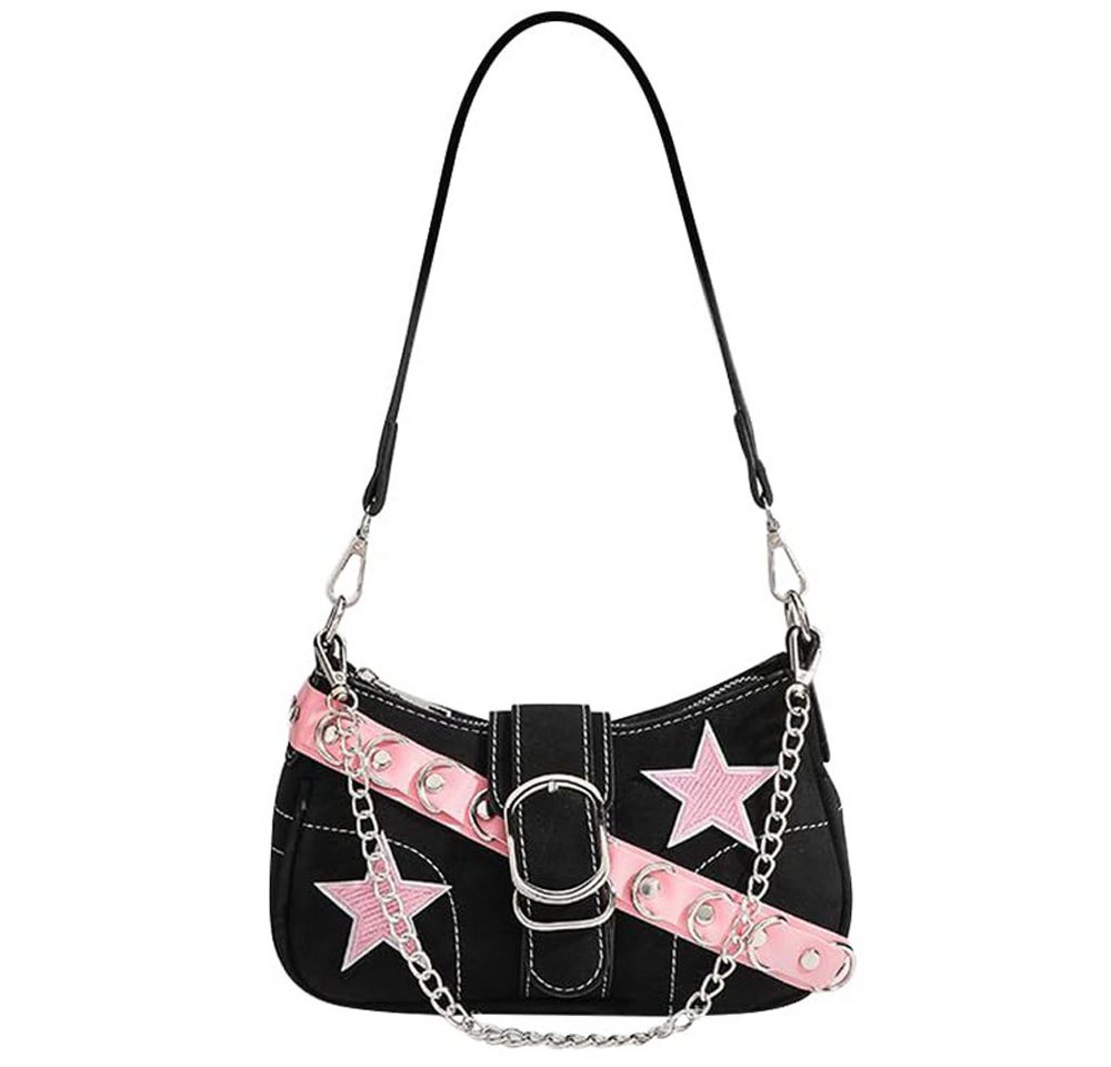 Zaewry Schultertasche Umhängetasche Damen klein Handtasche, Y2K Crossbody Bag Damen, mit Sternenstickerei und Kettenriemen, Vintage für Frauen Dating